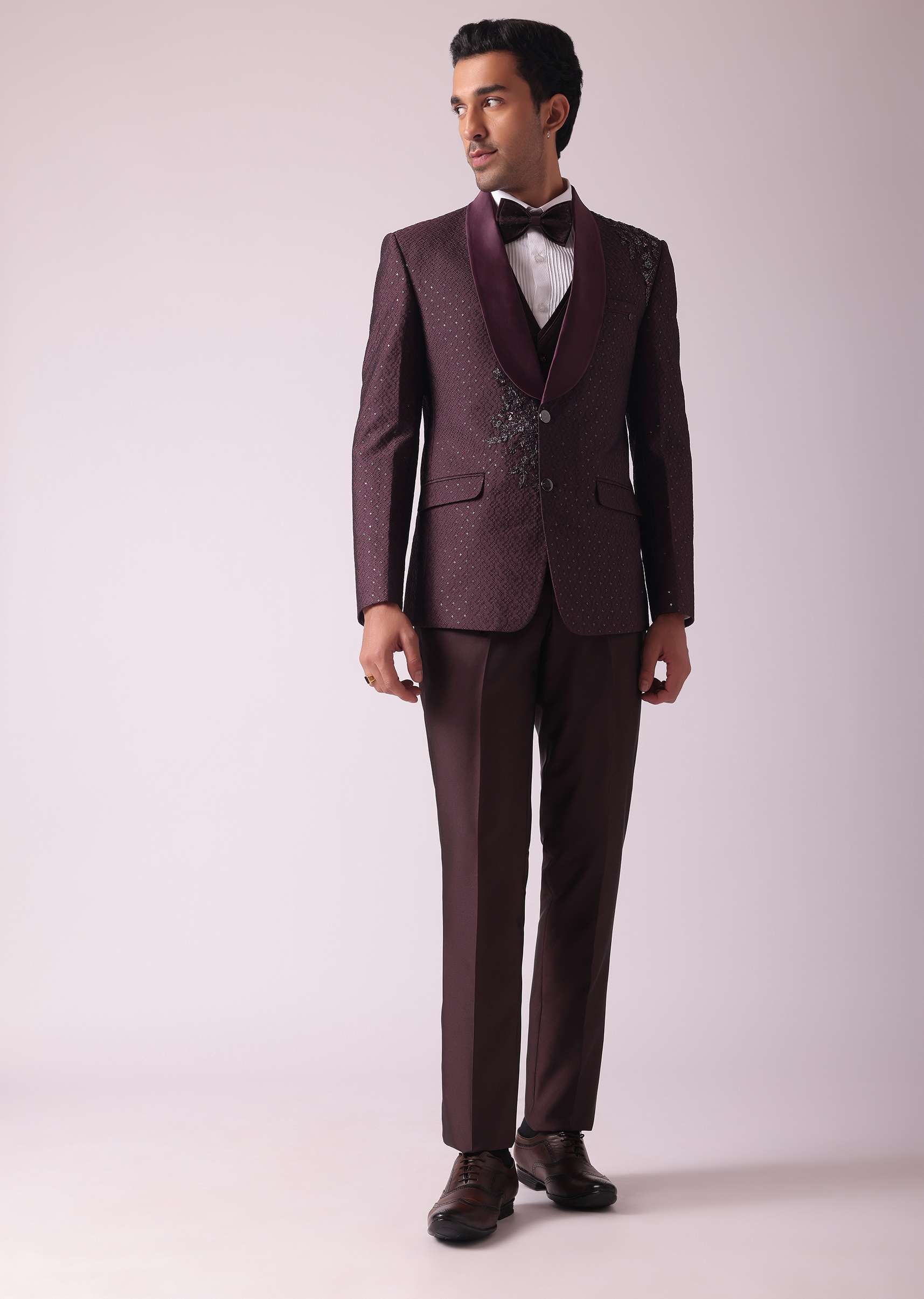 Wine Blazer And Pant Set In Terry Rayon Fabric - Image 3