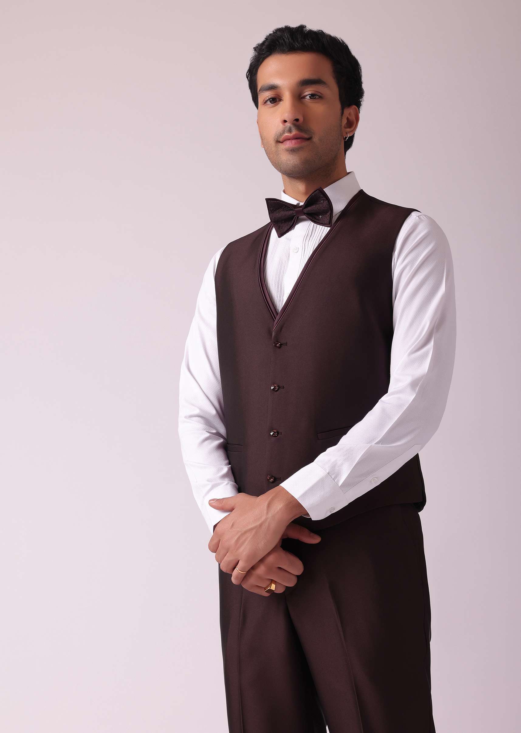 Wine Blazer And Pant Set In Terry Rayon Fabric - Image 5