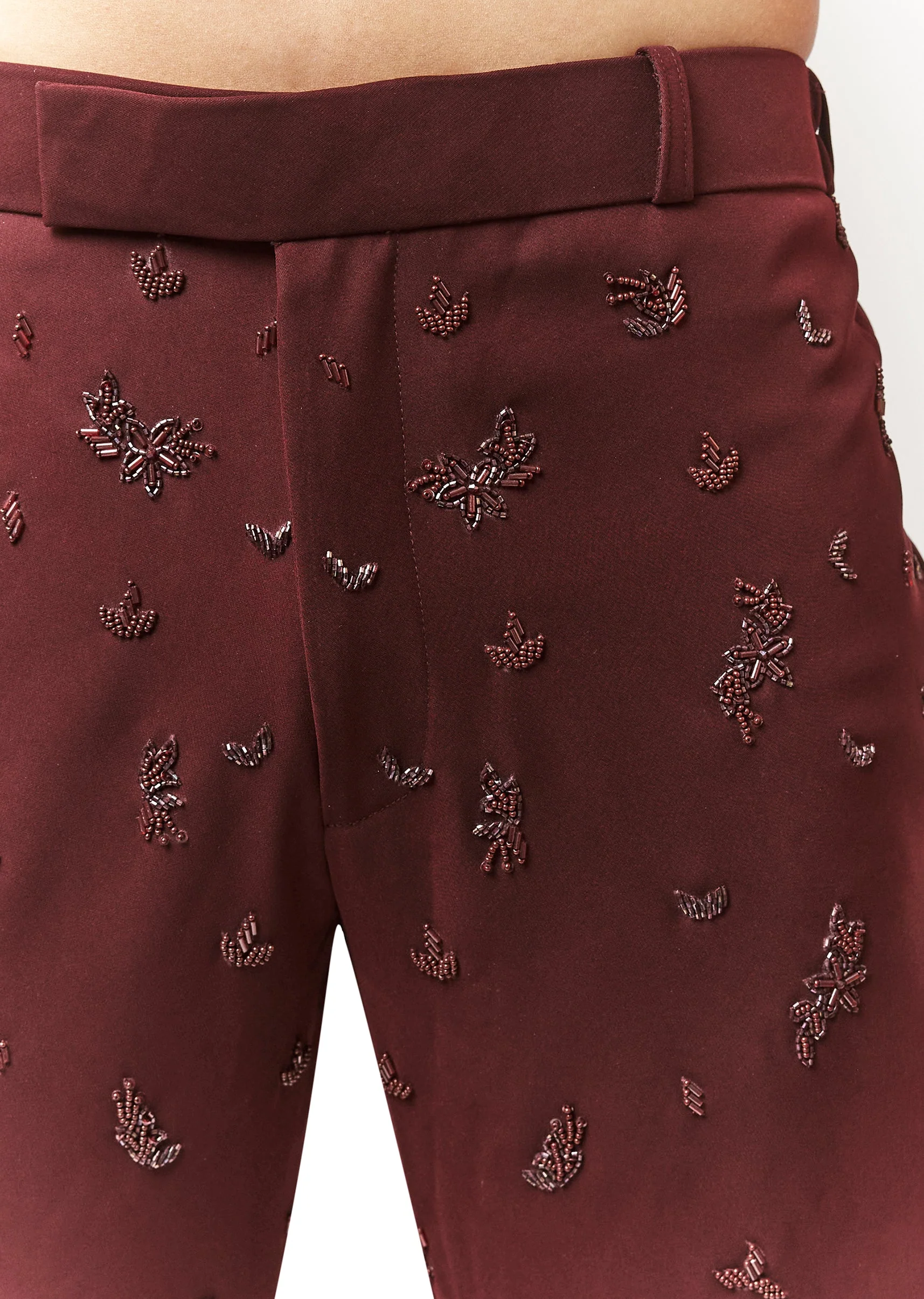 Wine Blazer Set With Hand Embroidery And Linen Shirt - Image 7