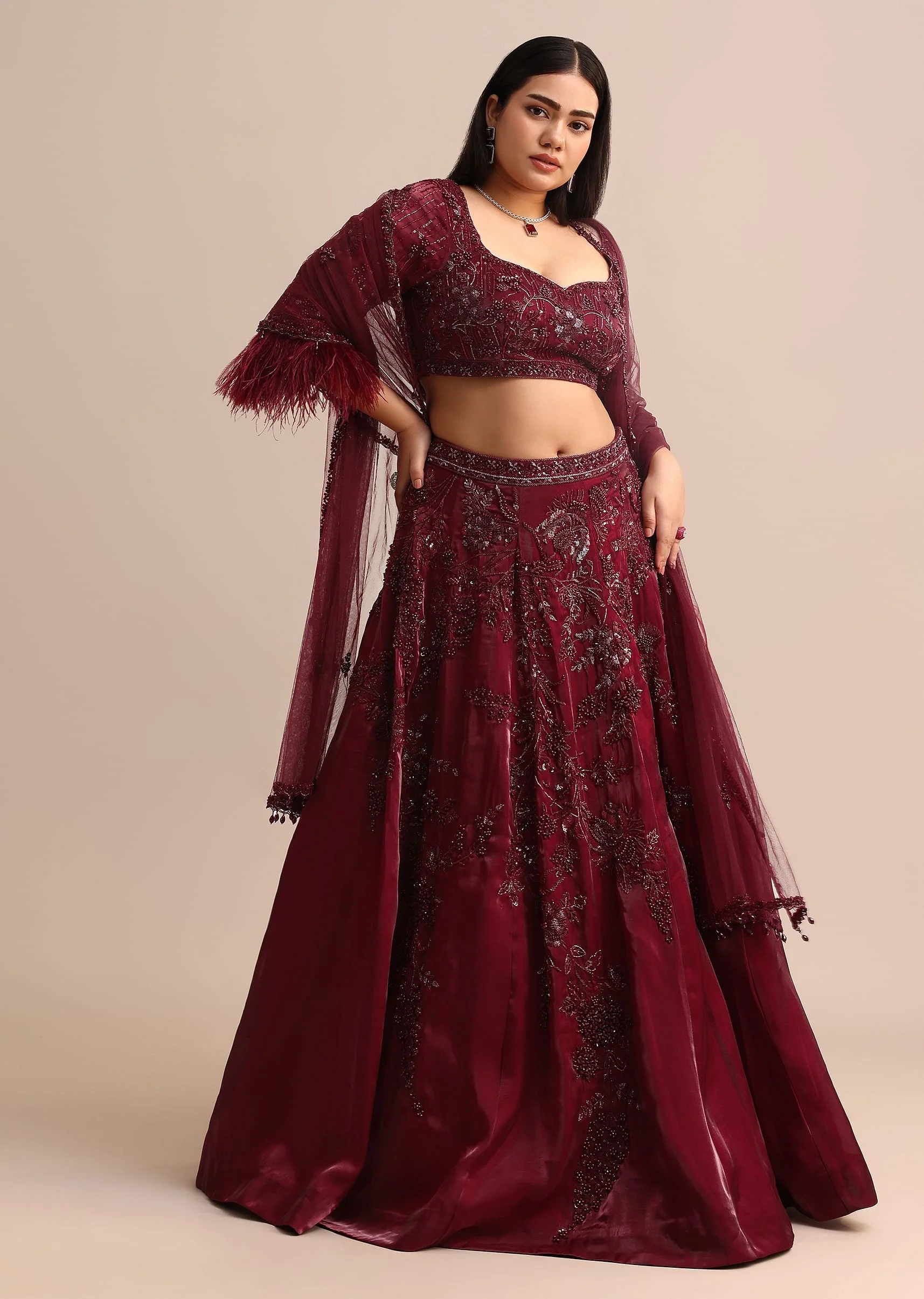 Wine Bridal Lehenga With Dupatta - Image 3