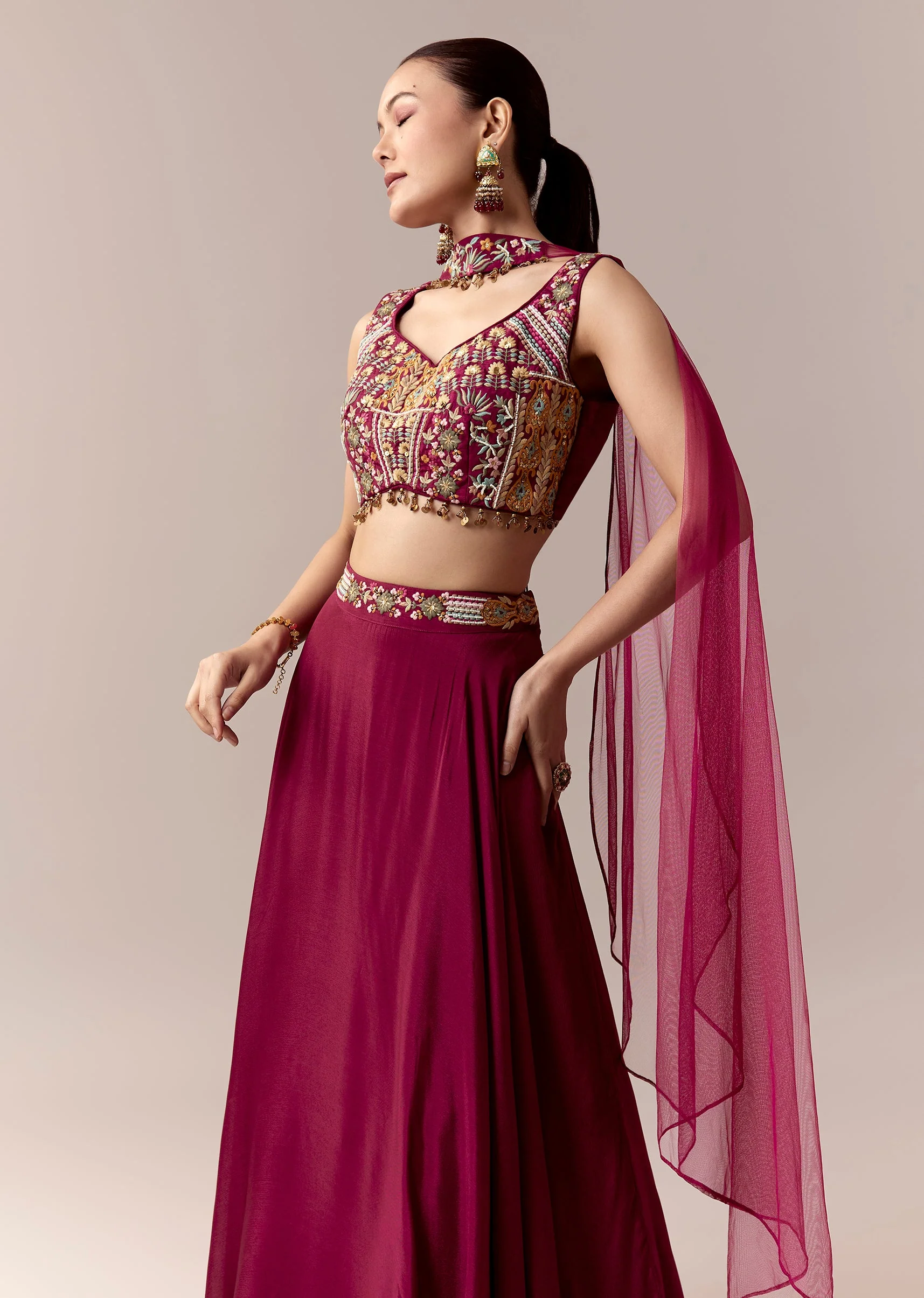 Wine Bridesmaid Lehenga With Thread Work Moti Work And Dupatta - Image 4