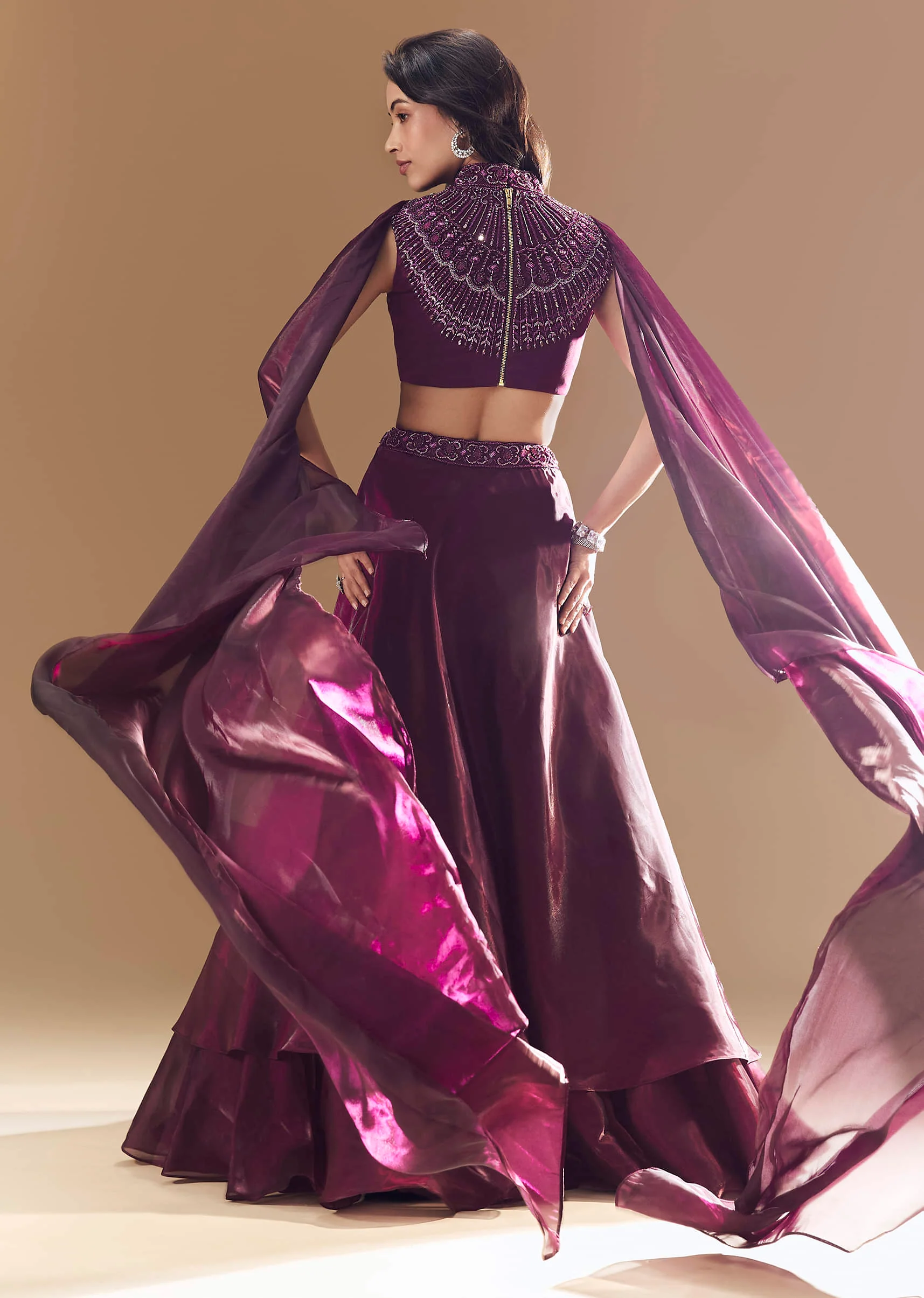 Wine Bridesmaid Organza Lehega with Cape - Image 2