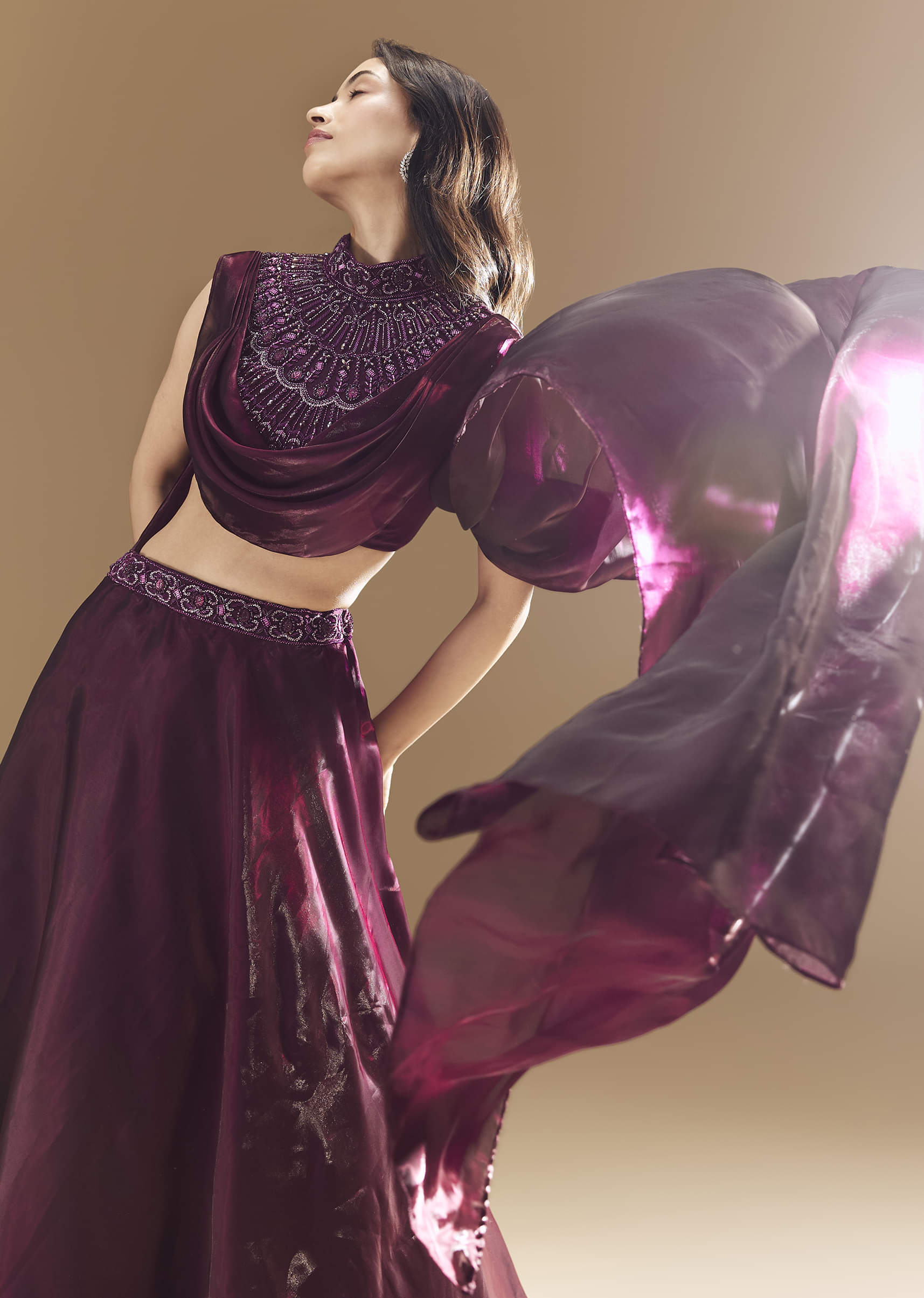 Wine Bridesmaid Organza Lehega with Cape - Image 5
