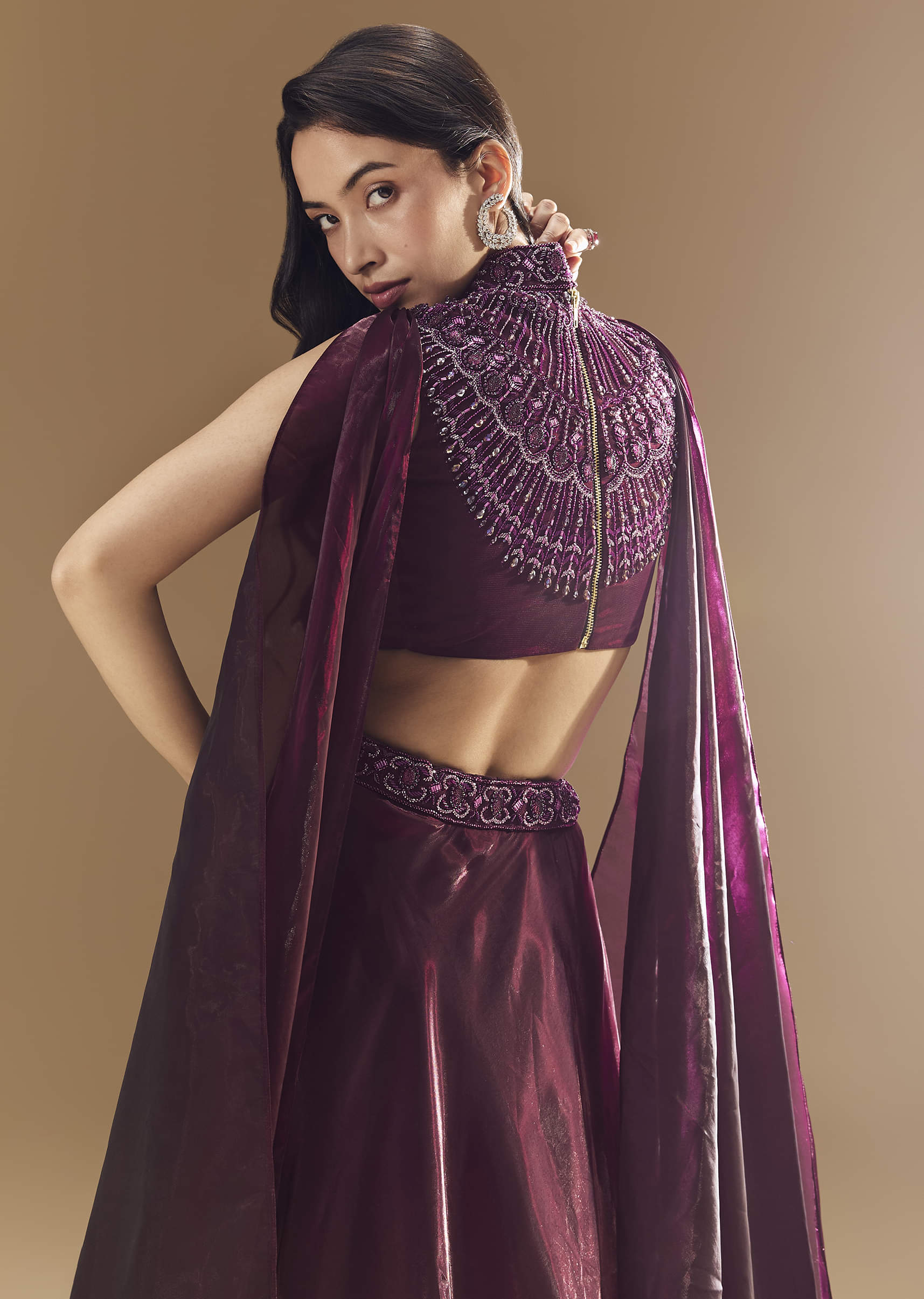 Wine Bridesmaid Organza Lehega with Cape - Image 6