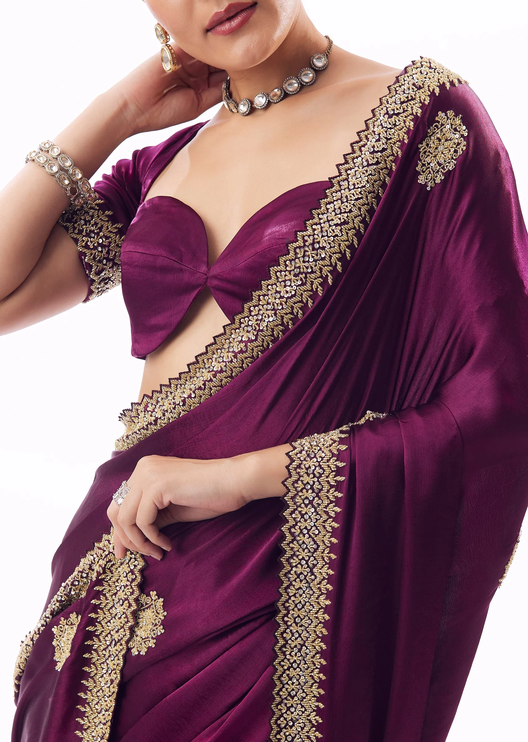 Wine Chinon Saree With Zigzag Cutwork Border And Cutdana Sequin Embroidery - Image 2