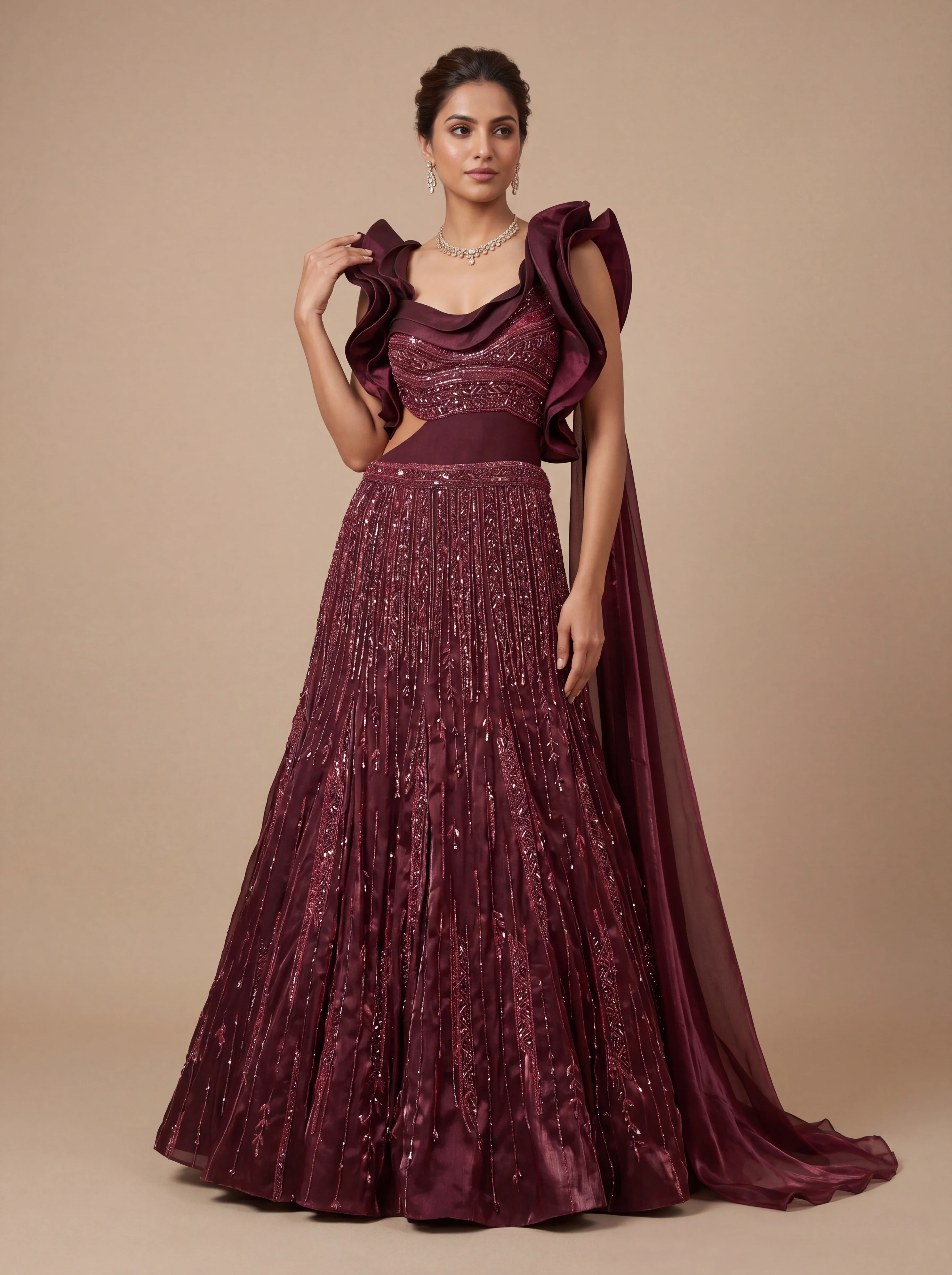 Wine Contemporary Bridal Gown With Ombre Lehenga Skirt