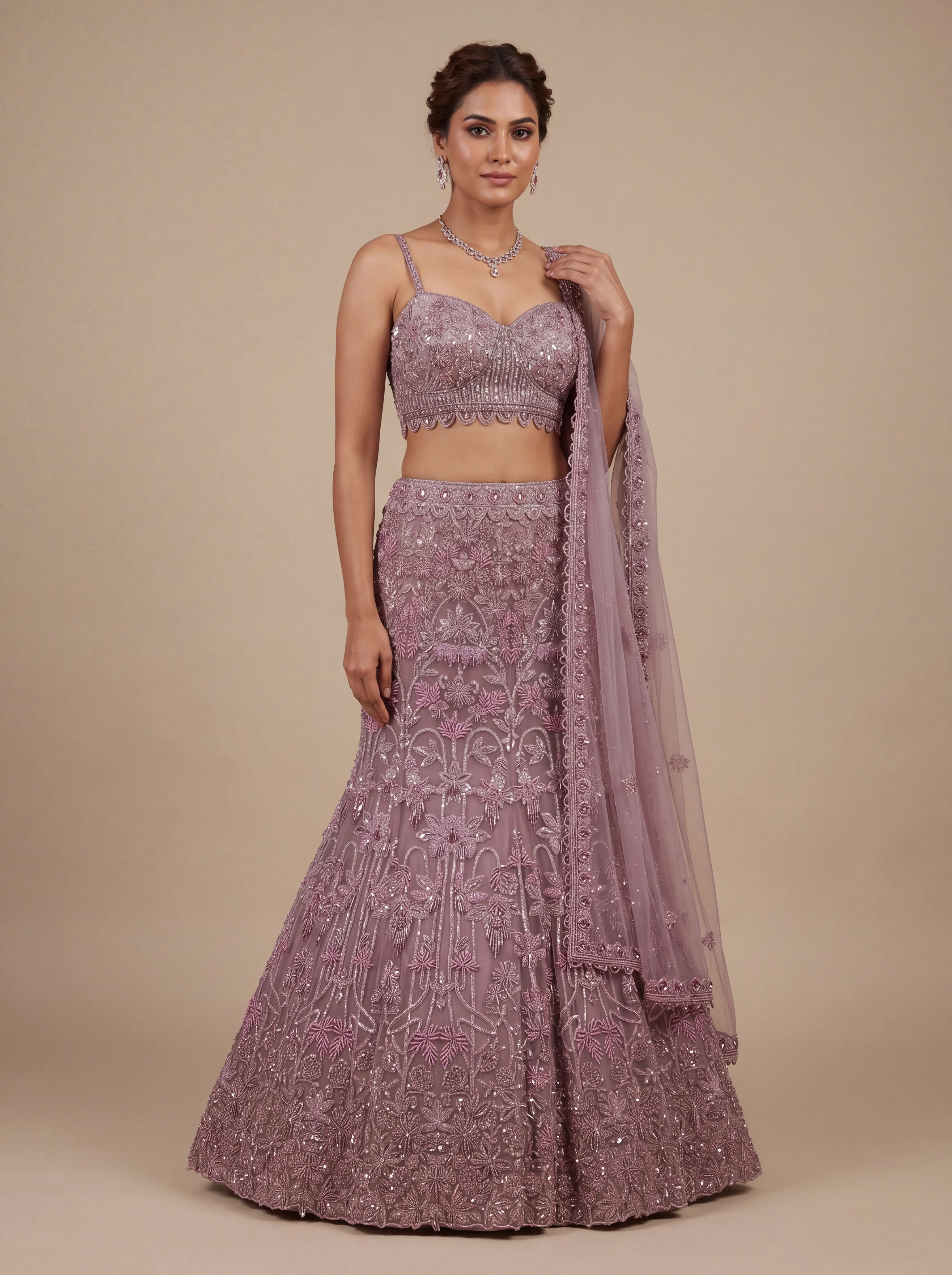 Wine Contemporary Bridal Lehenga With Embellished Mermaid Silhouette