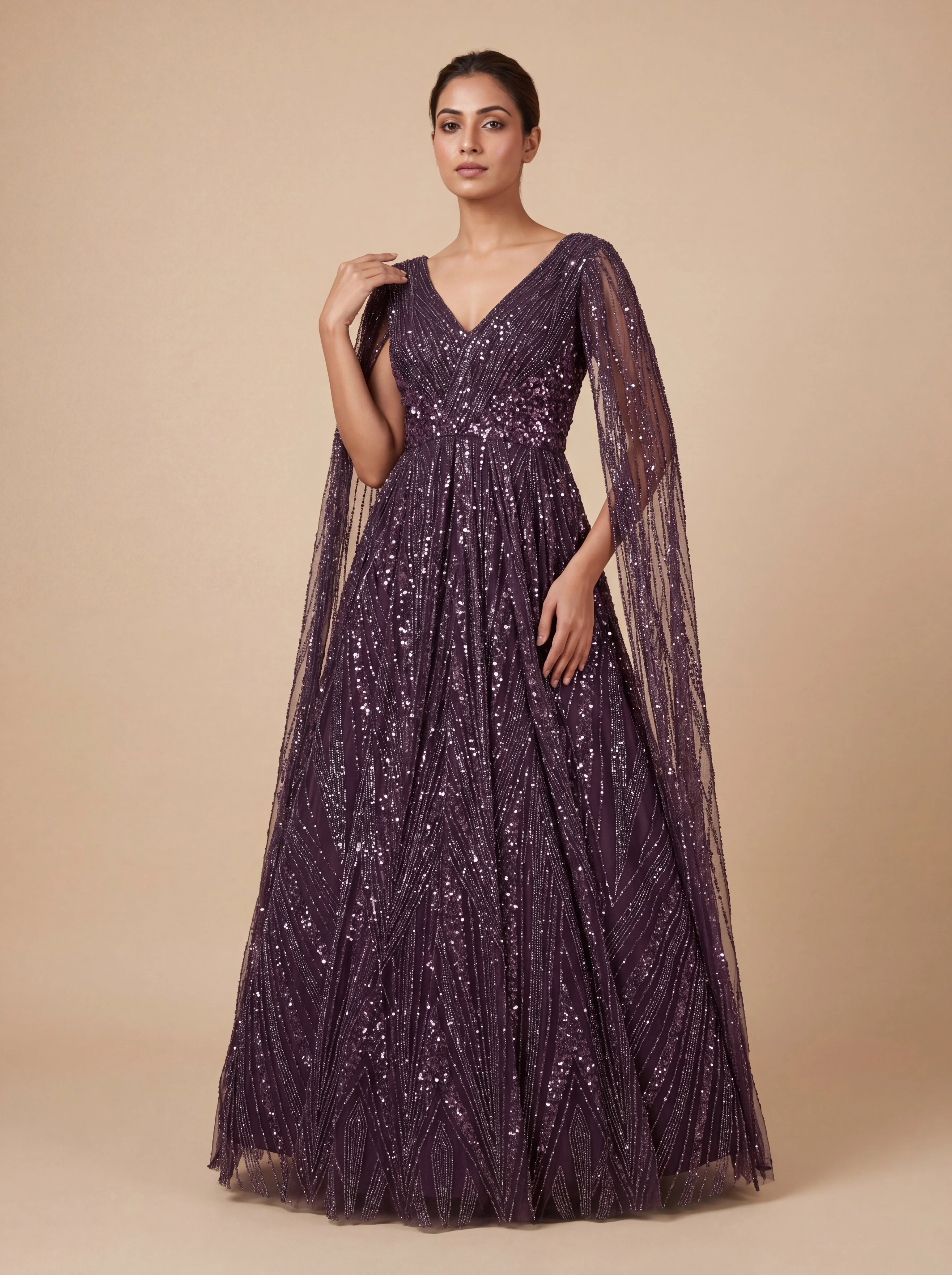 Wine Contemporary Gown With Sequin Embroidery  Flared Hem