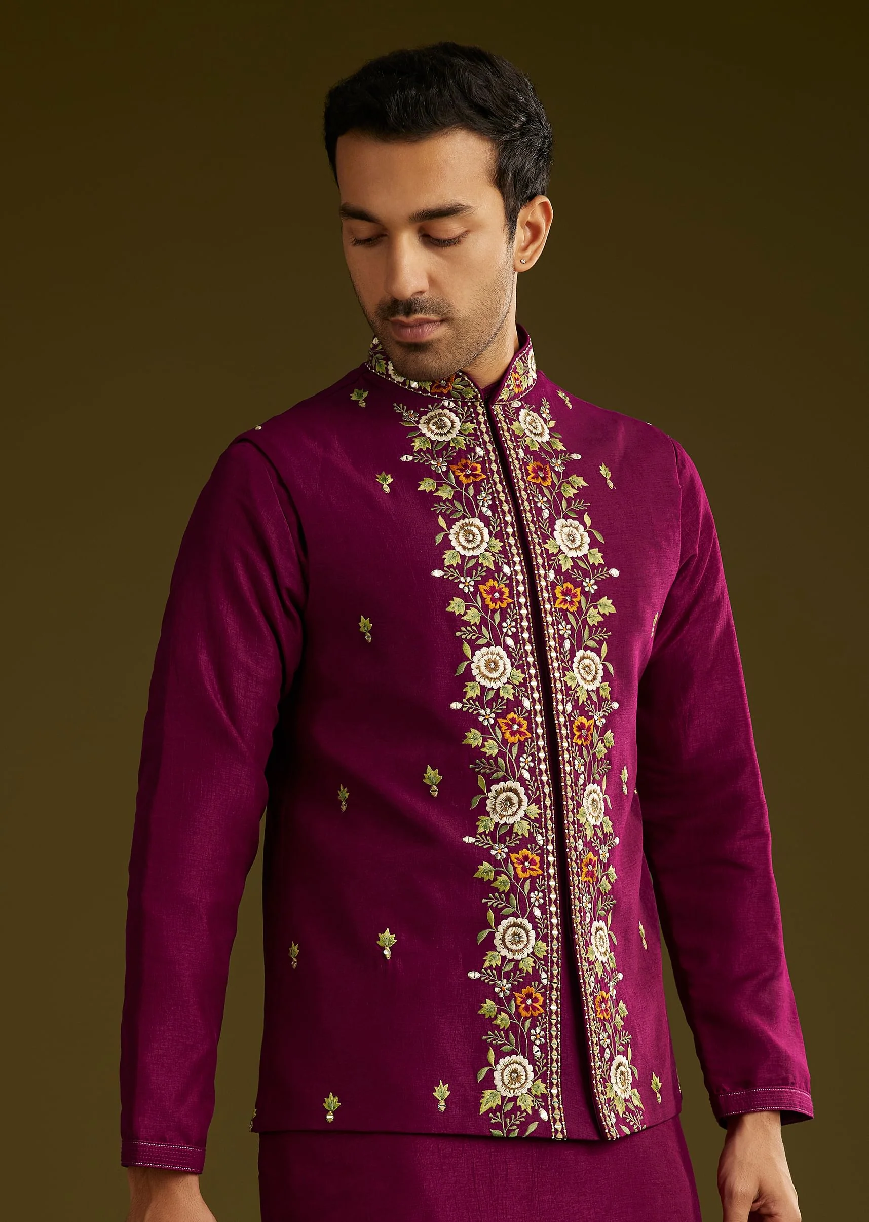 Wine Cotton Silk Kurta Set With Embroidered Lapel Jacket - Image 2