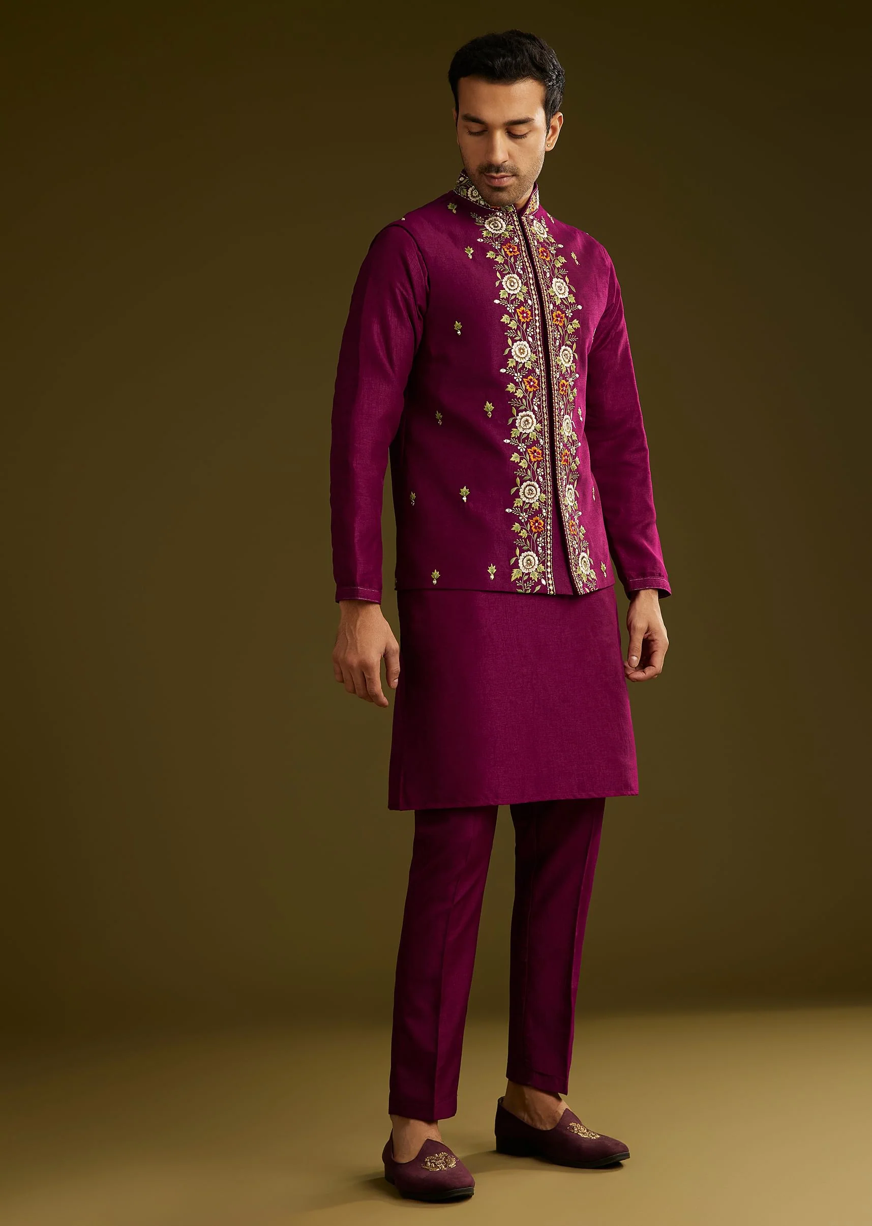 Wine Cotton Silk Kurta Set With Embroidered Lapel Jacket - Image 3