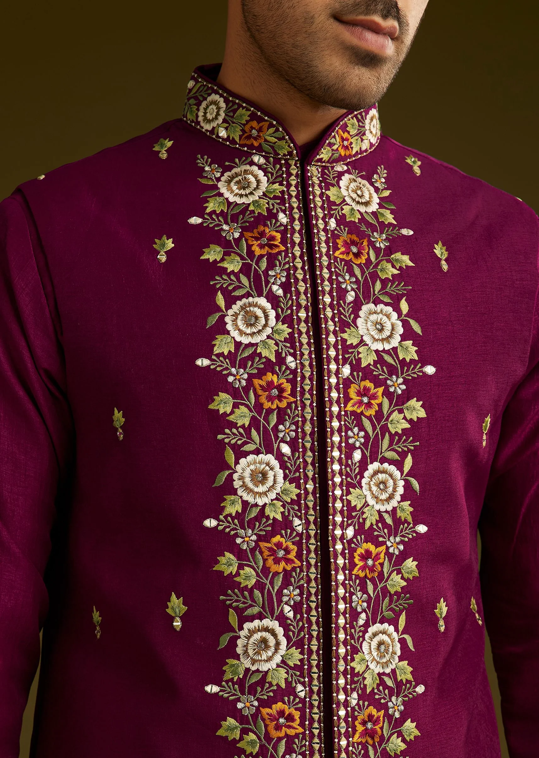 Wine Cotton Silk Kurta Set With Embroidered Lapel Jacket - Image 4