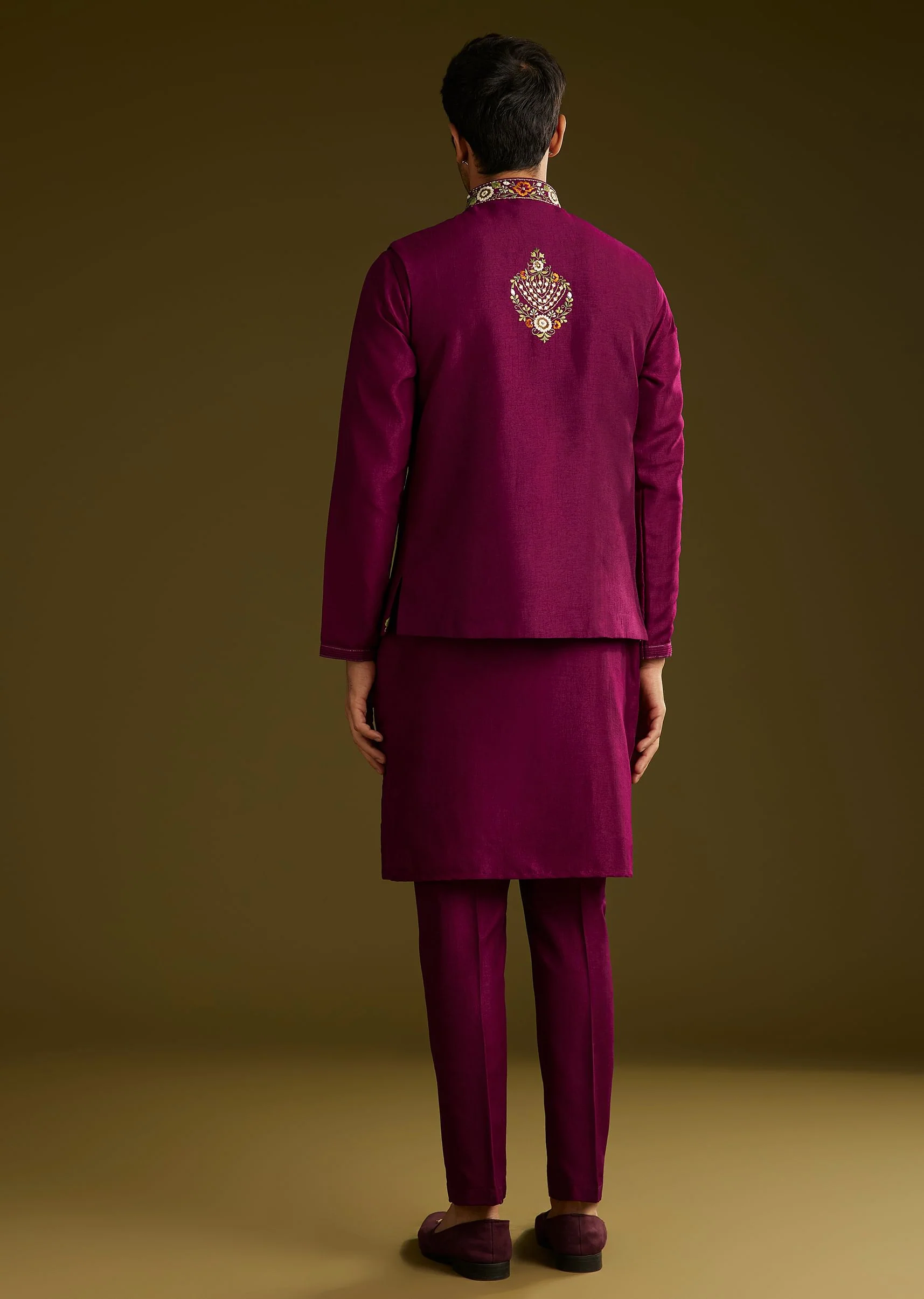 Wine Cotton Silk Kurta Set With Embroidered Lapel Jacket - Image 5
