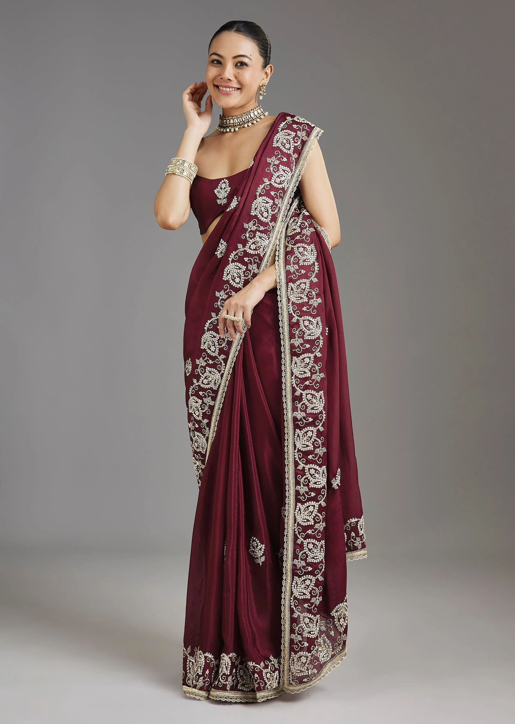 Wine Crepe Silk Saree