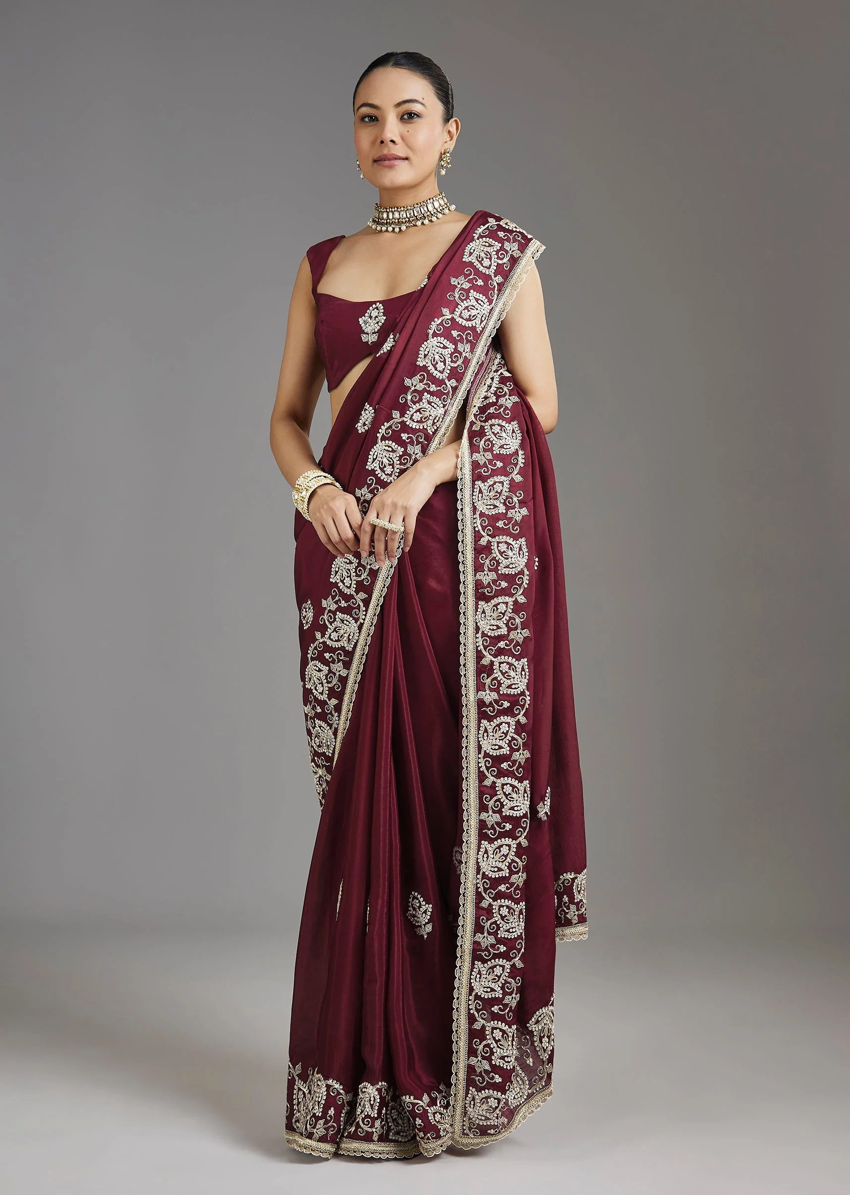 Wine Crepe Silk Saree - Image 3