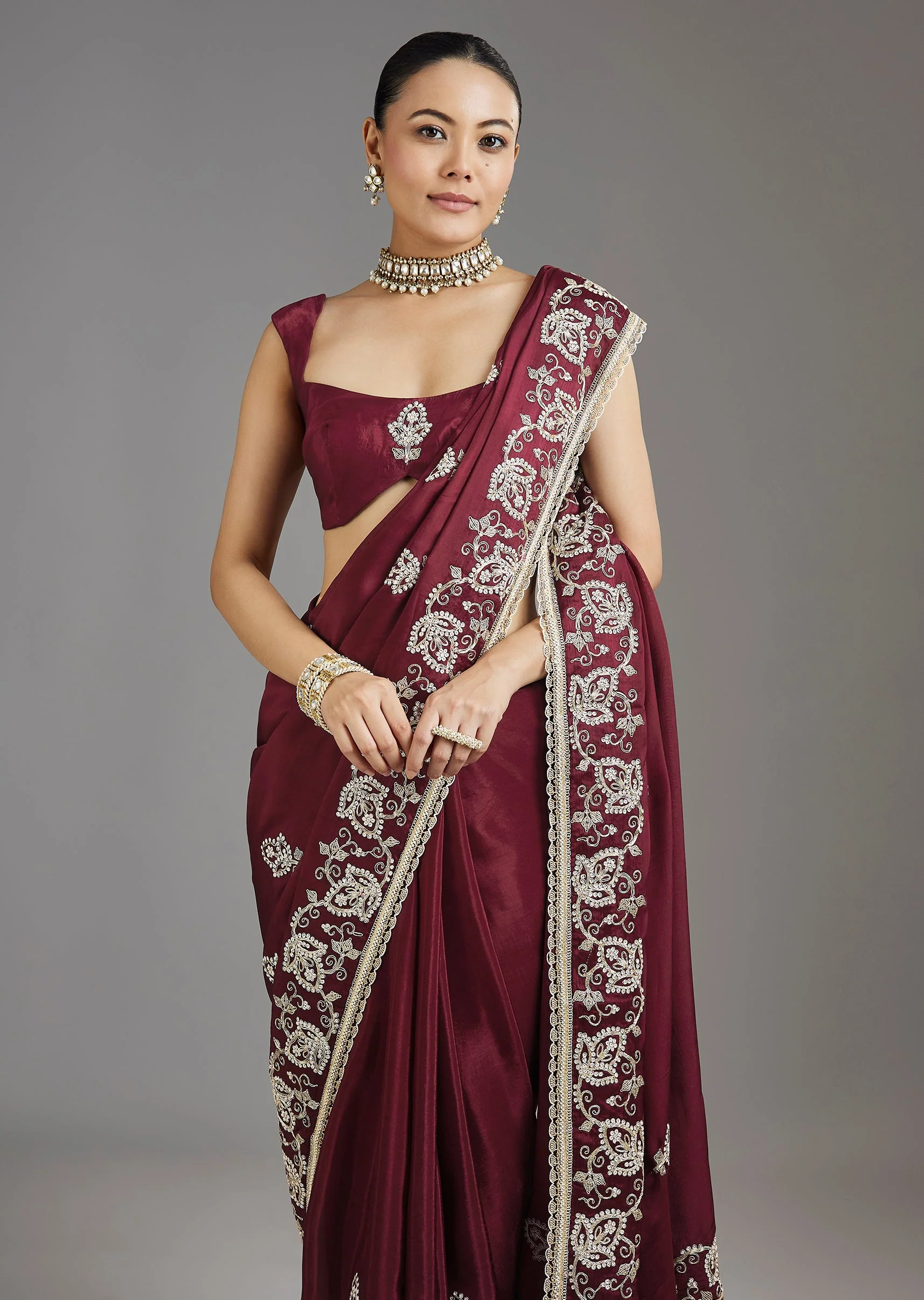 Wine Crepe Silk Saree - Image 5