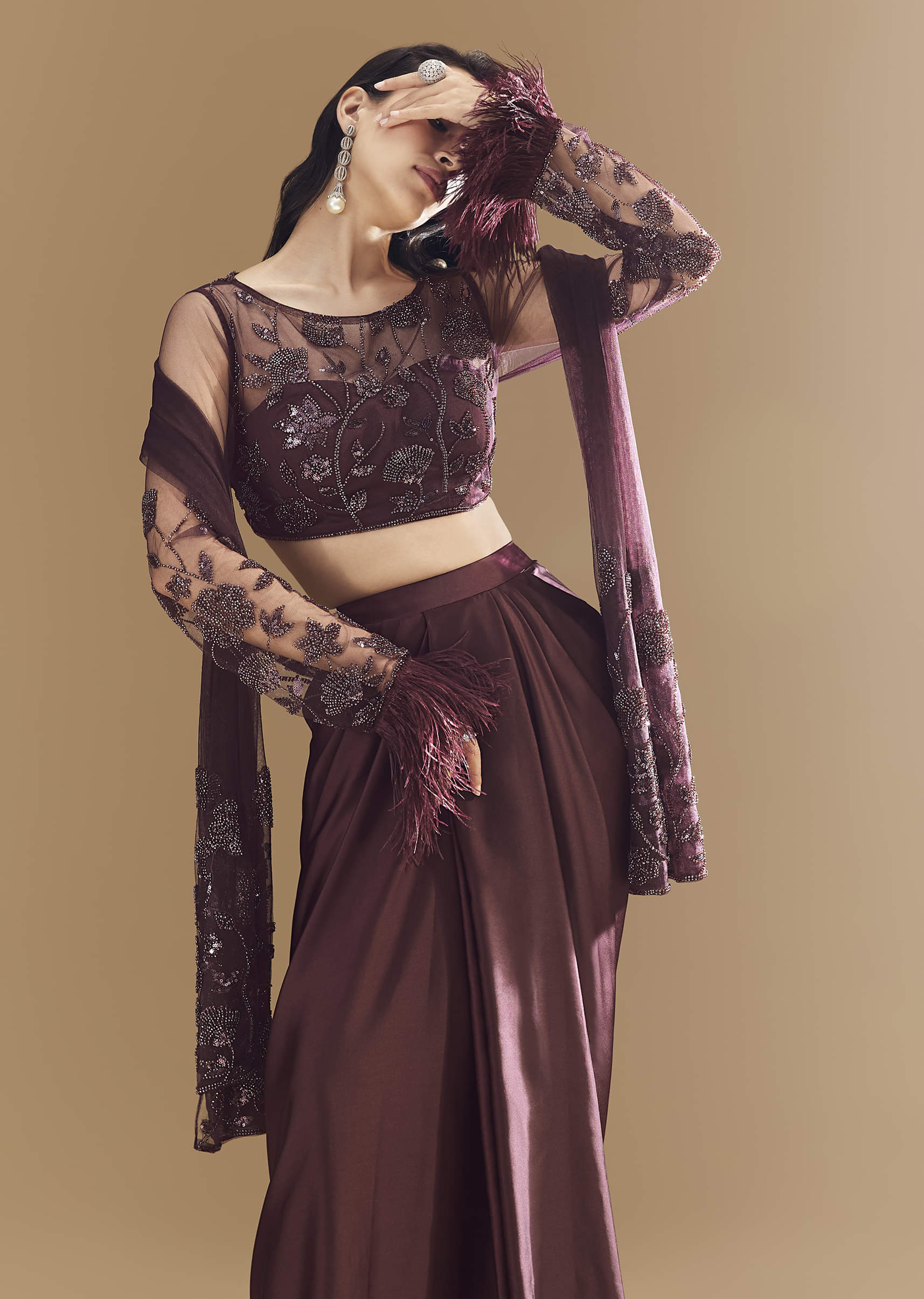Wine Crop Top Skirt Set with Dupatta - Image 5