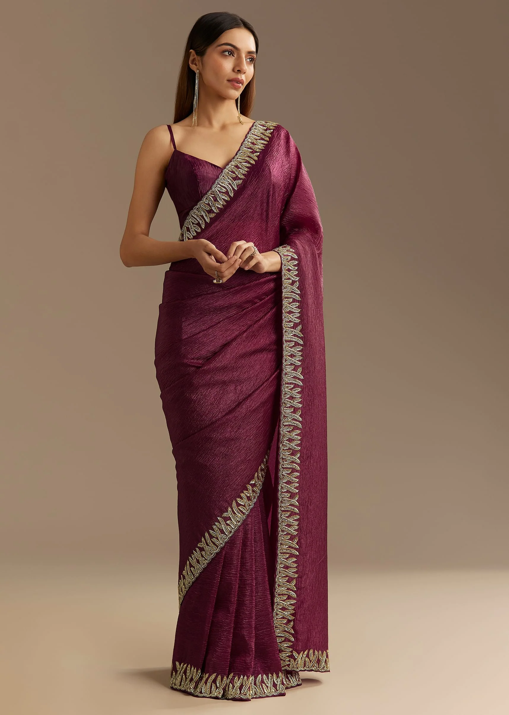 Wine Crushed Tissue Saree With Cutdana And Stone Embroidery - Image 2