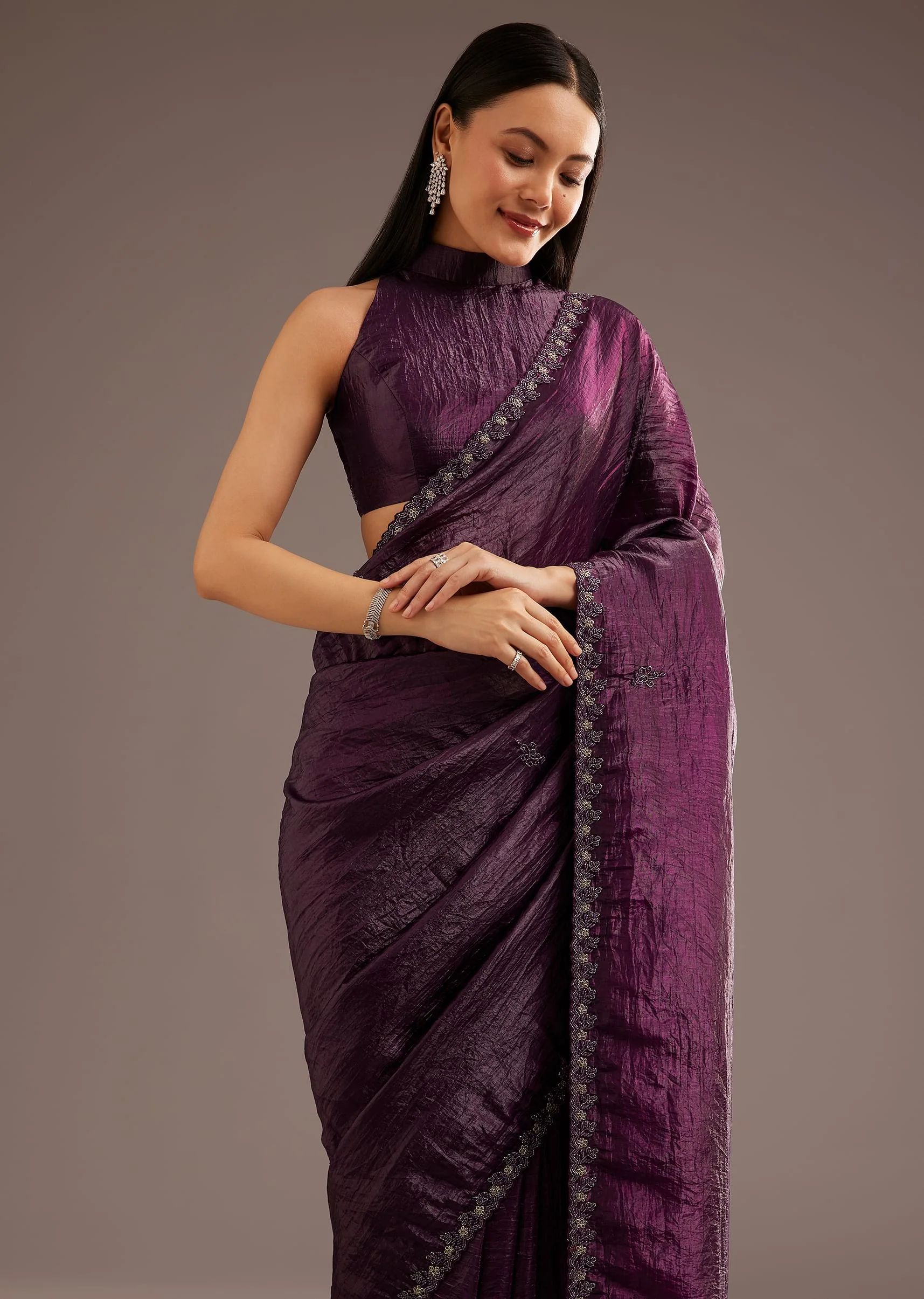 Wine Crushed Tissue Silk Saree With Cutdana Scallop Border - Image 2