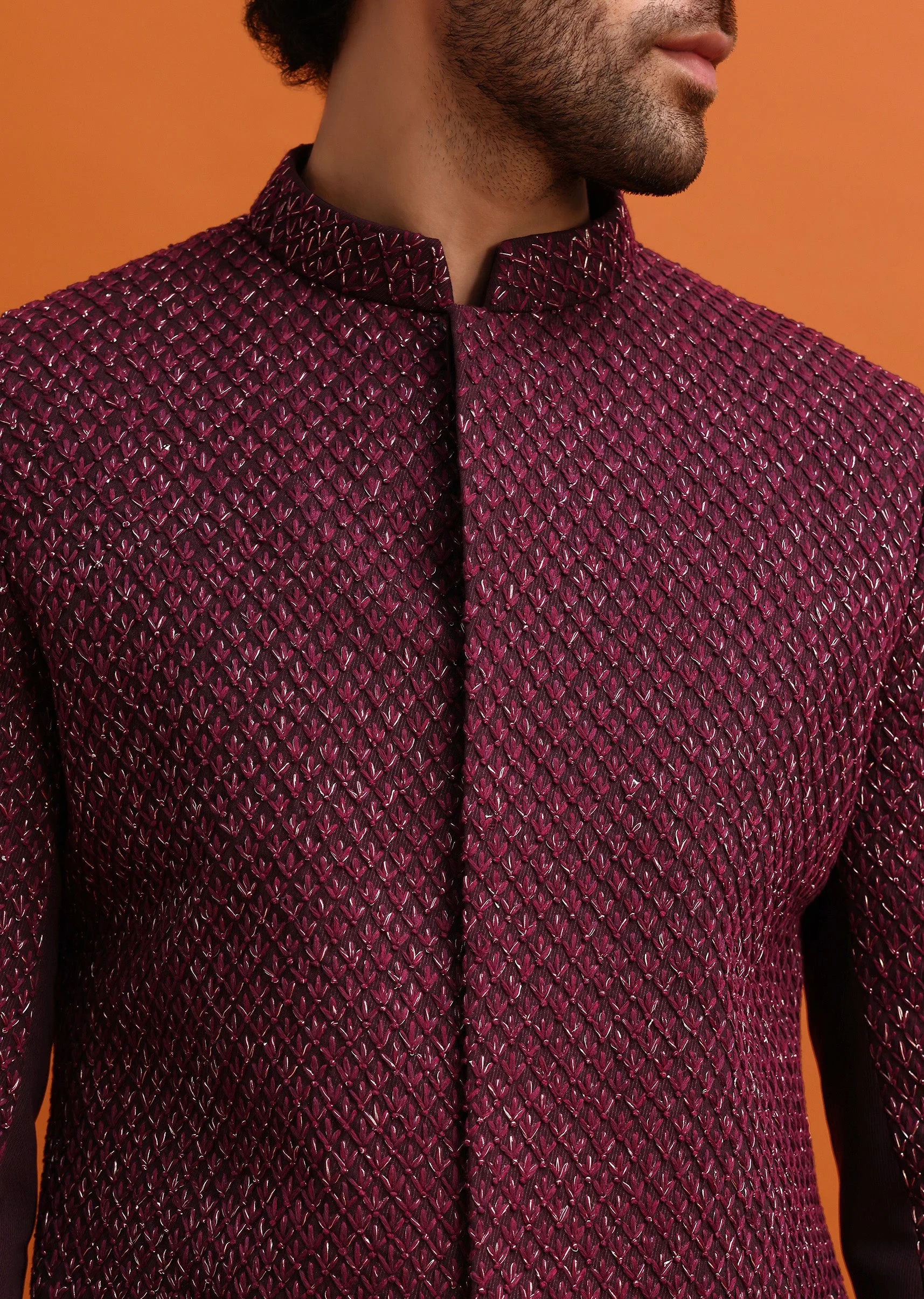 Wine Cutdana Embroidered Sherwani For Men - Image 2