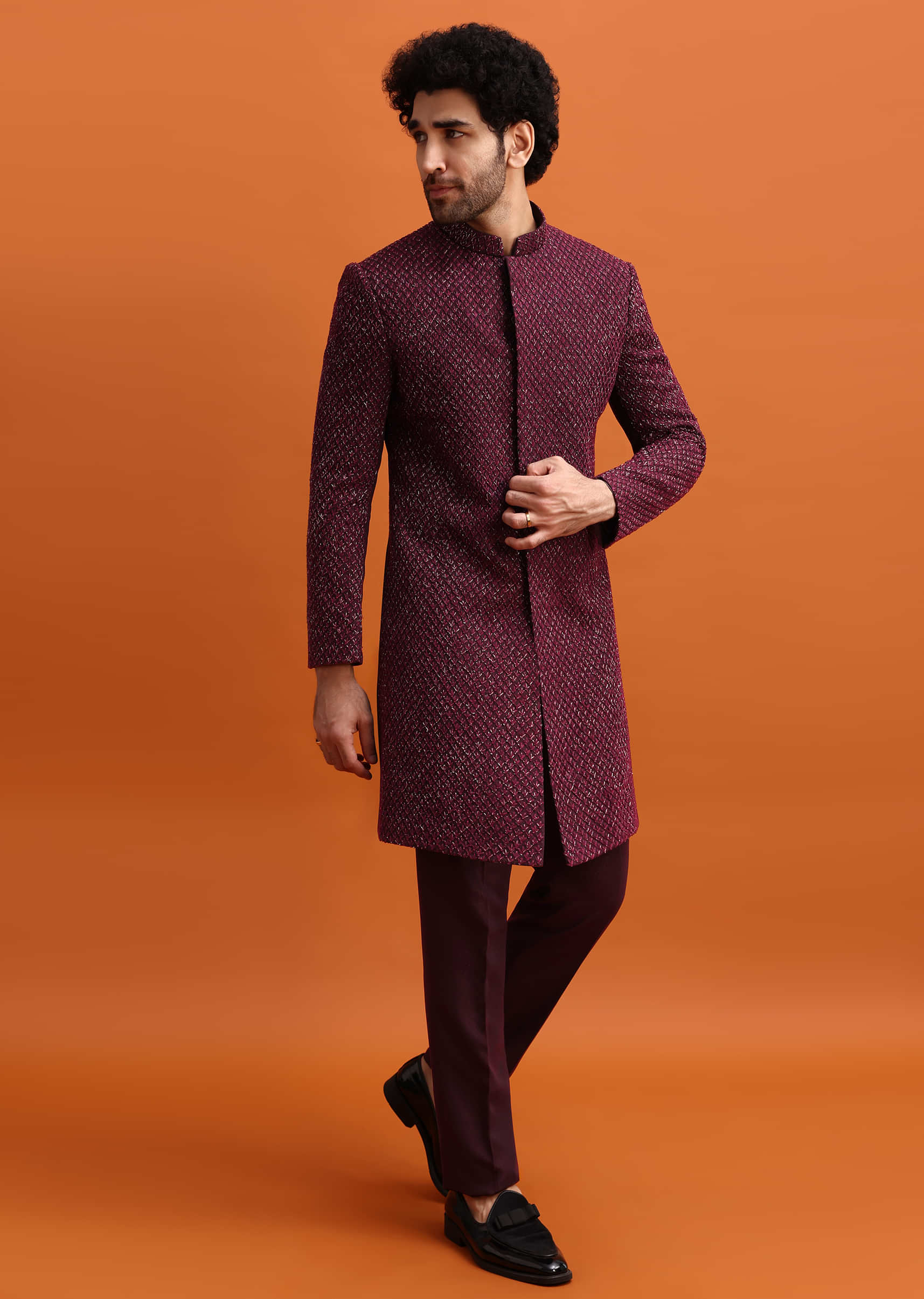 Wine Cutdana Embroidered Sherwani For Men - Image 3
