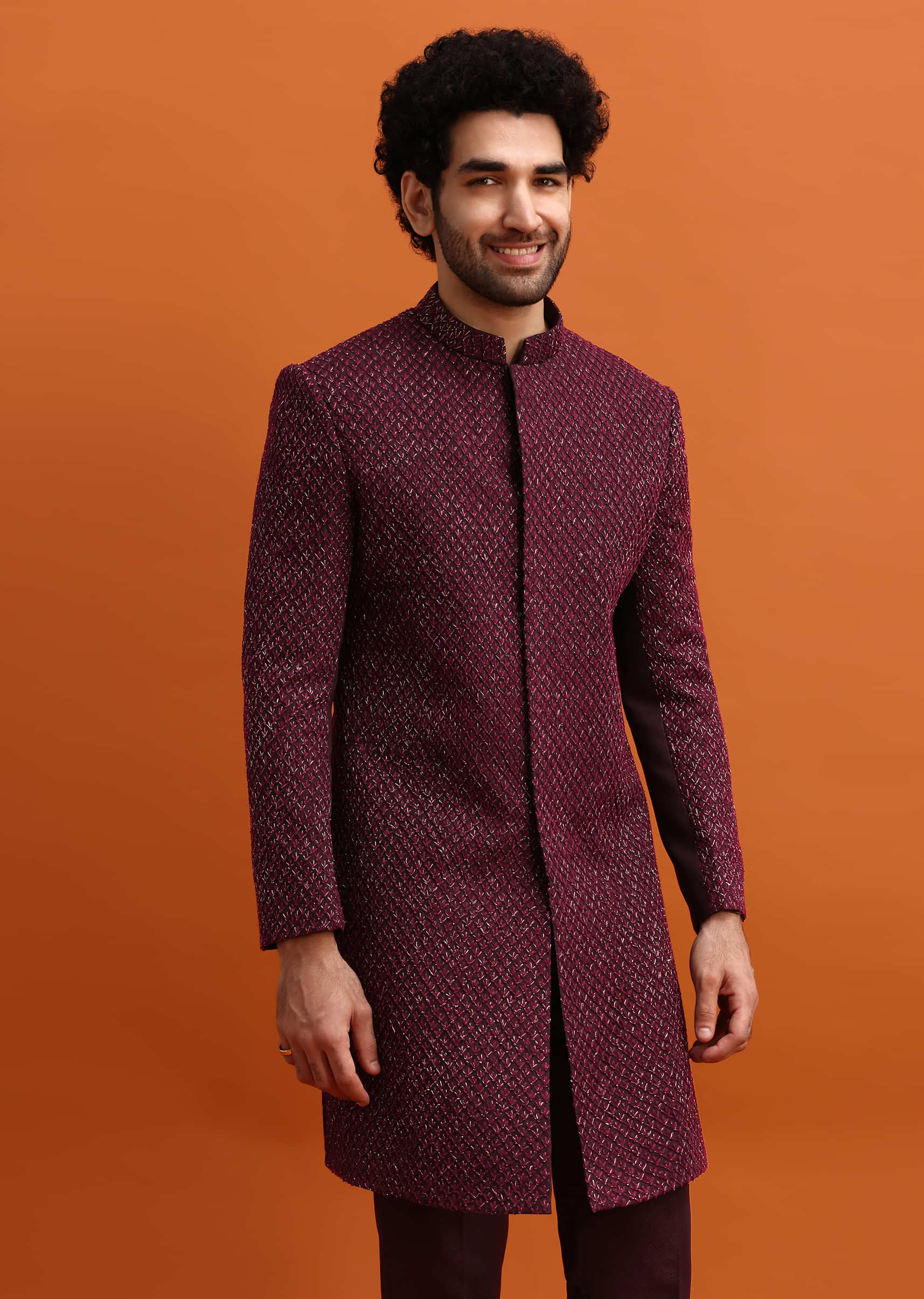 Wine Cutdana Embroidered Sherwani For Men - Image 5