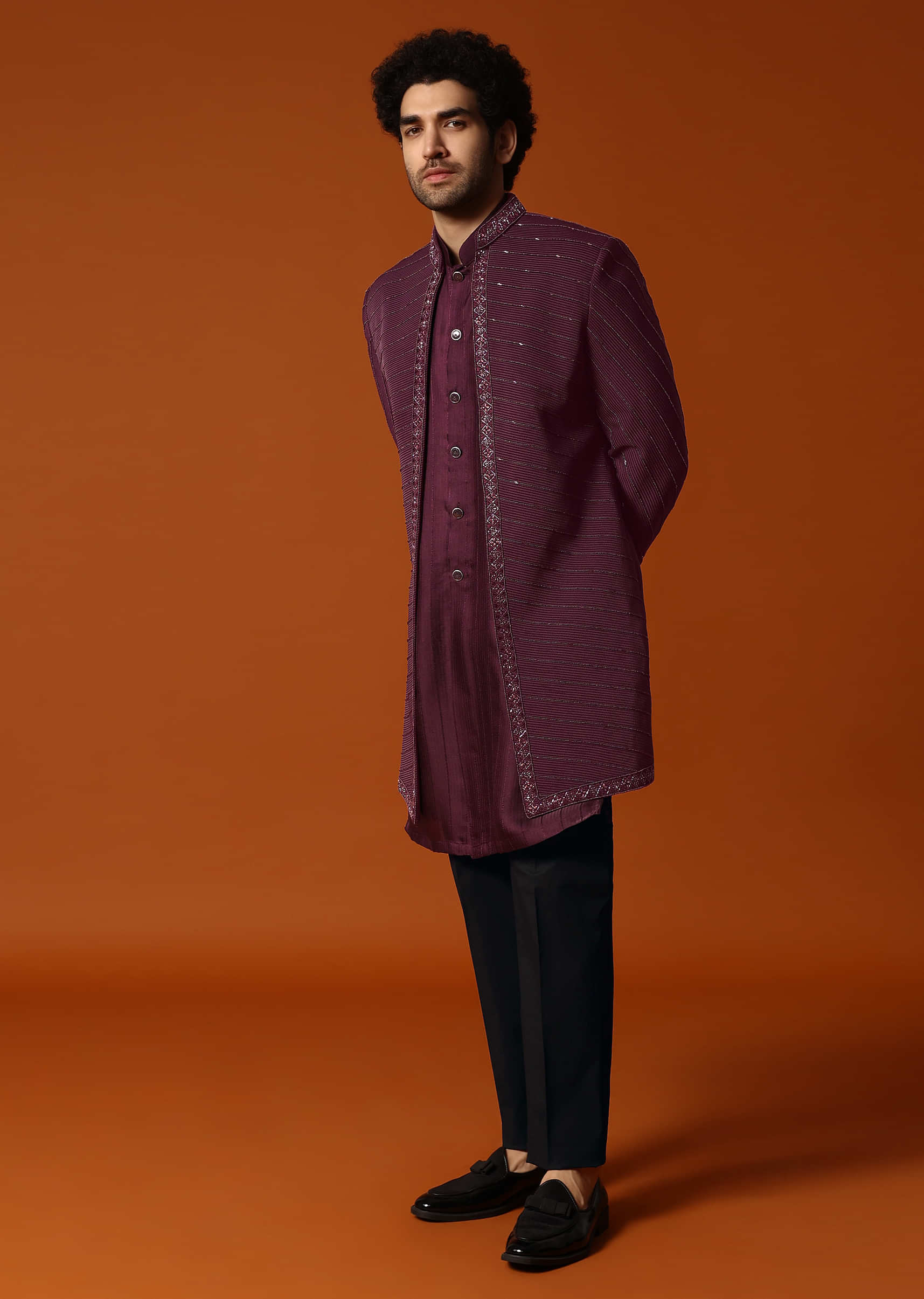 Wine Cutdana Embroidered Sherwani Set For Men - Image 4