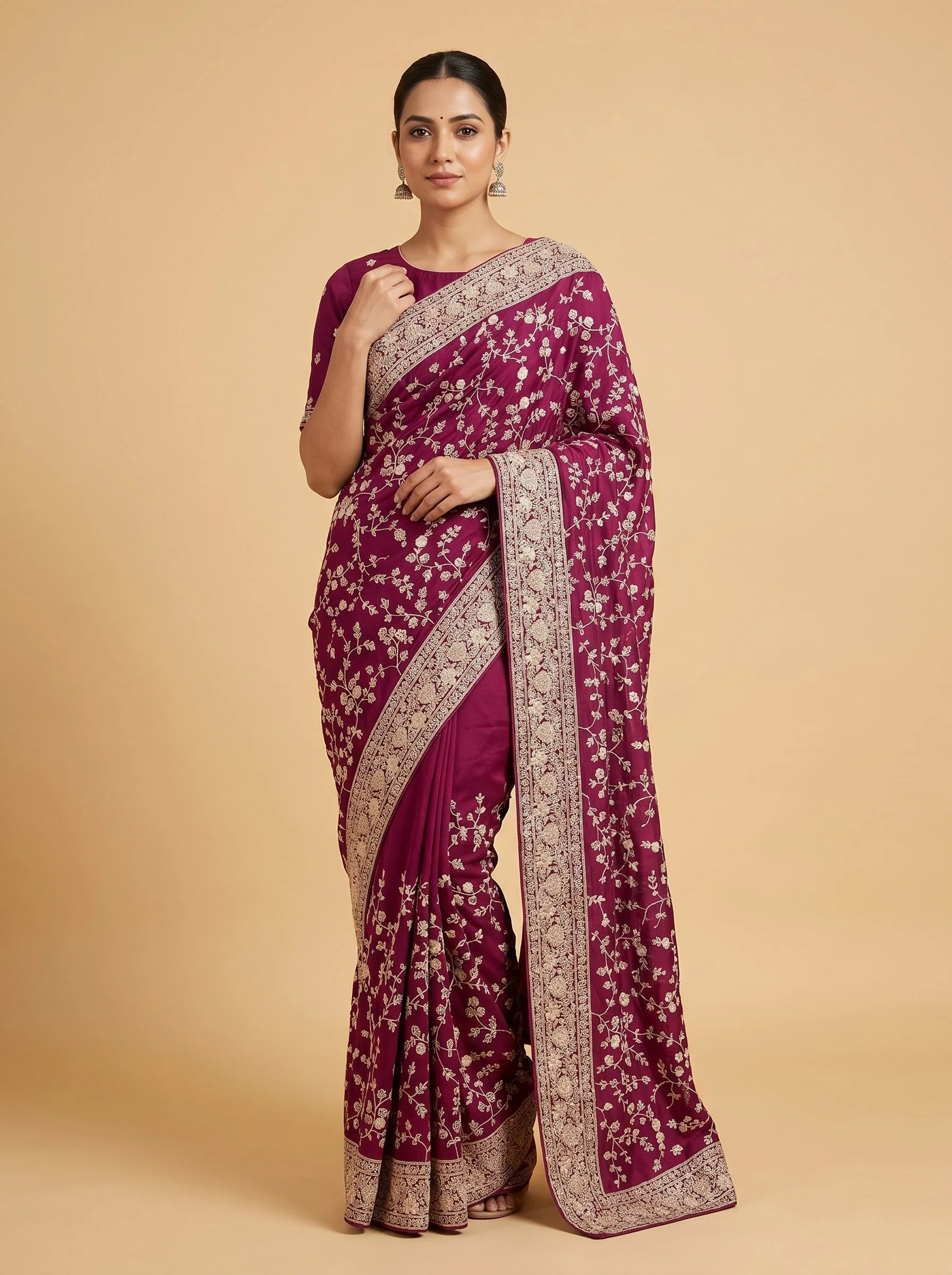 Wine Deep Rouge Embroidered Saree