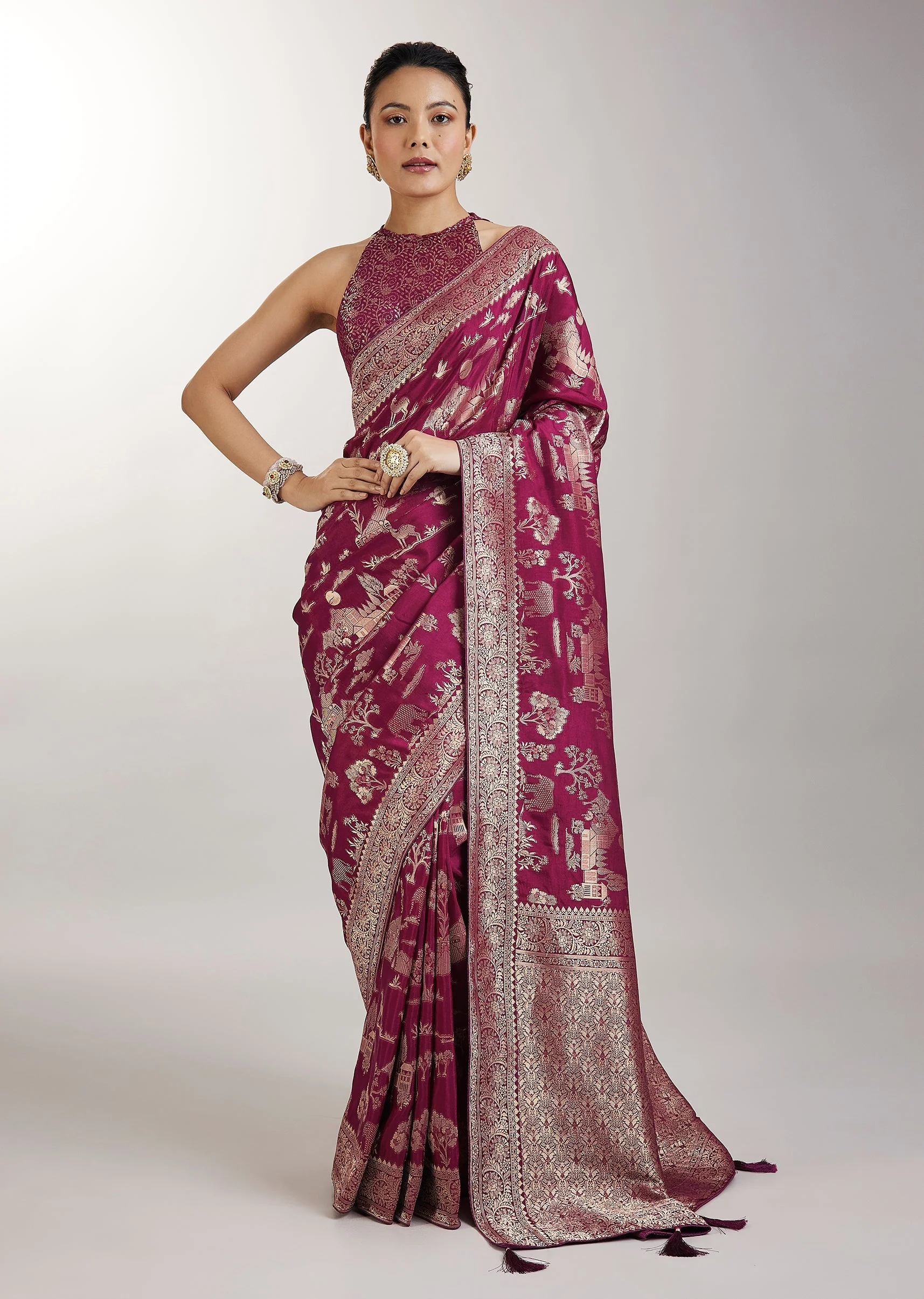 Wine Dola Silk Jungla Jaal Saree - Image 3