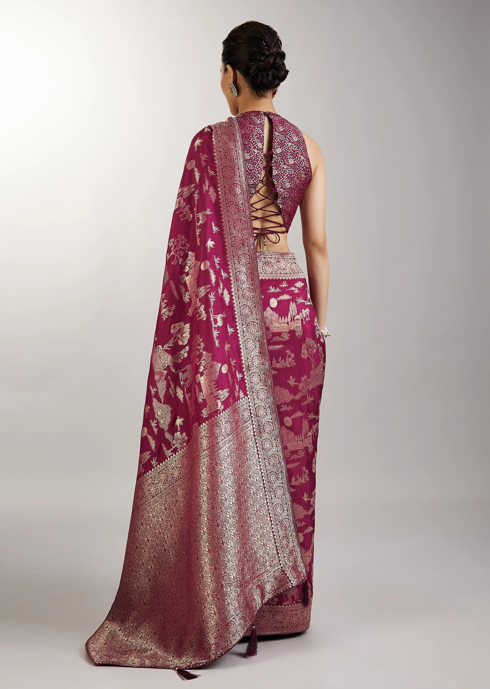 Wine Dola Silk Jungla Jaal Saree - Image 4