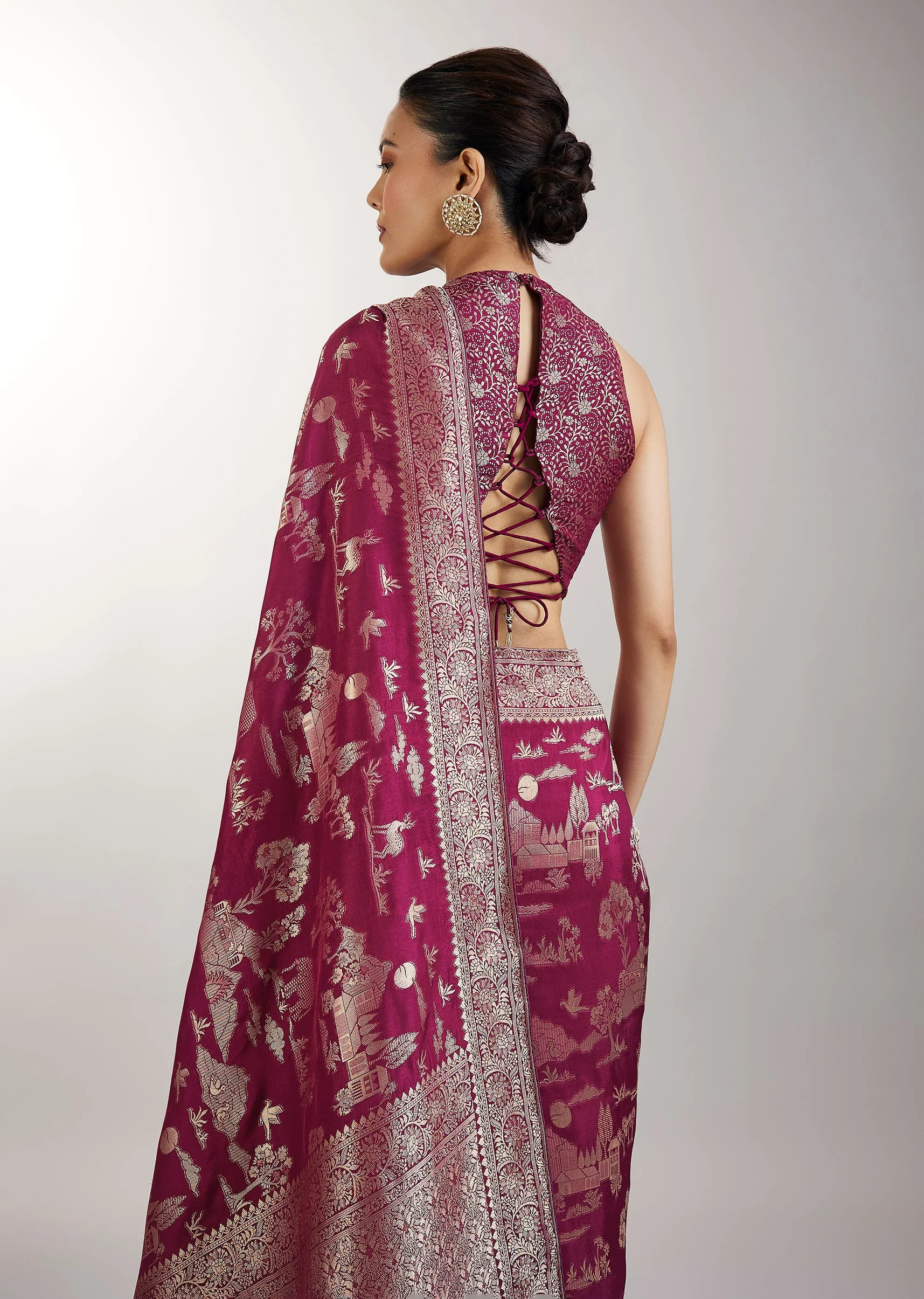Wine Dola Silk Jungla Jaal Saree - Image 6