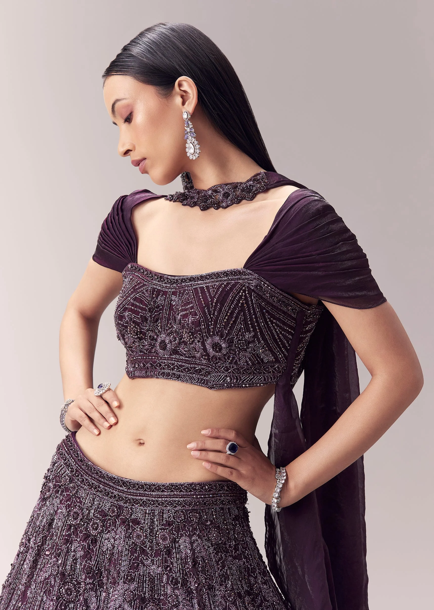 Wine Embellished Lehenga and Choker Dupatta Blouse - Image 3