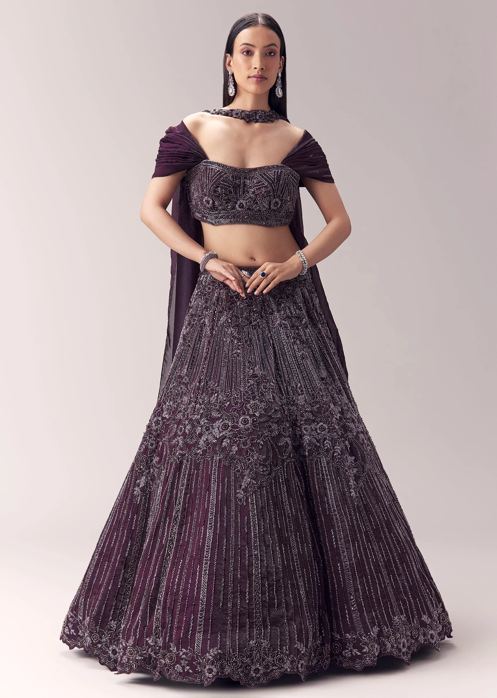 Wine Embellished Lehenga and Choker Dupatta Blouse - Image 4