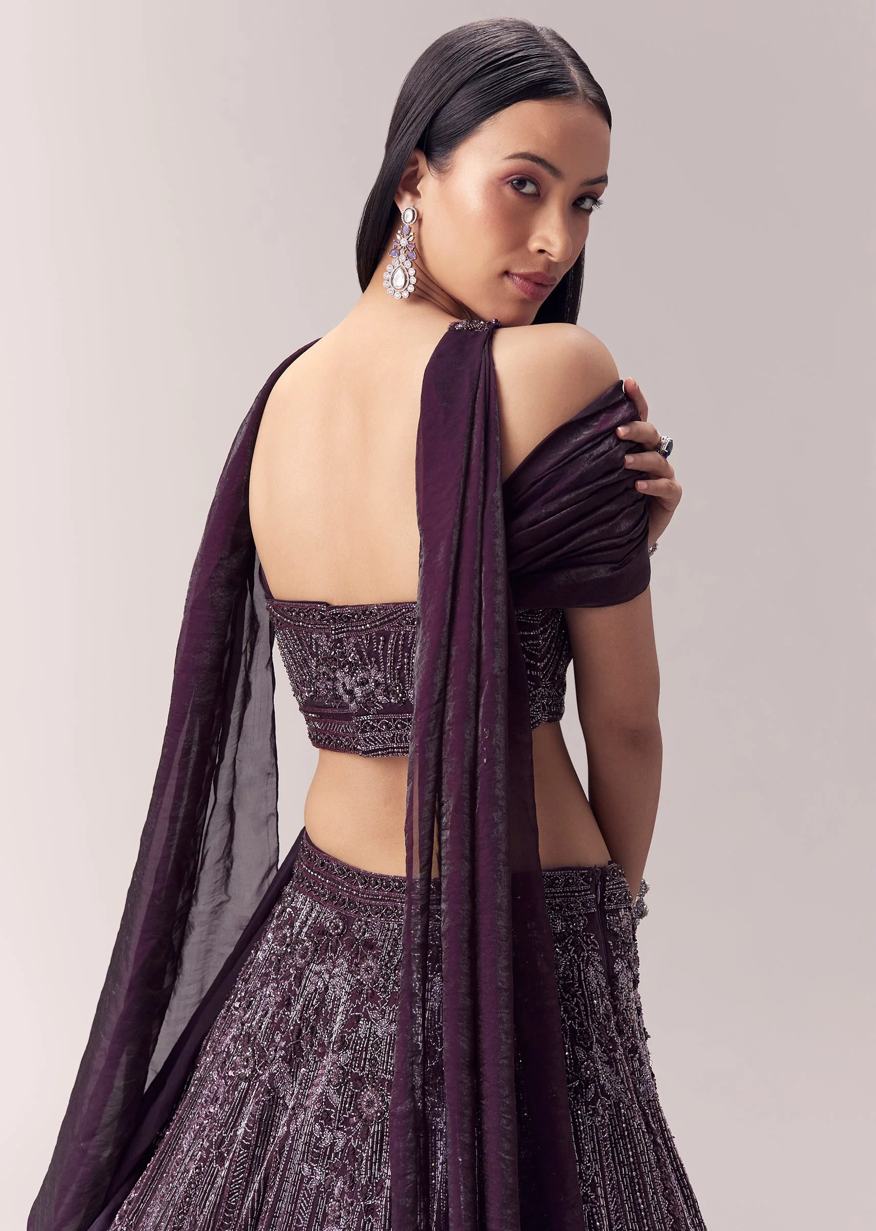 Wine Embellished Lehenga and Choker Dupatta Blouse - Image 5