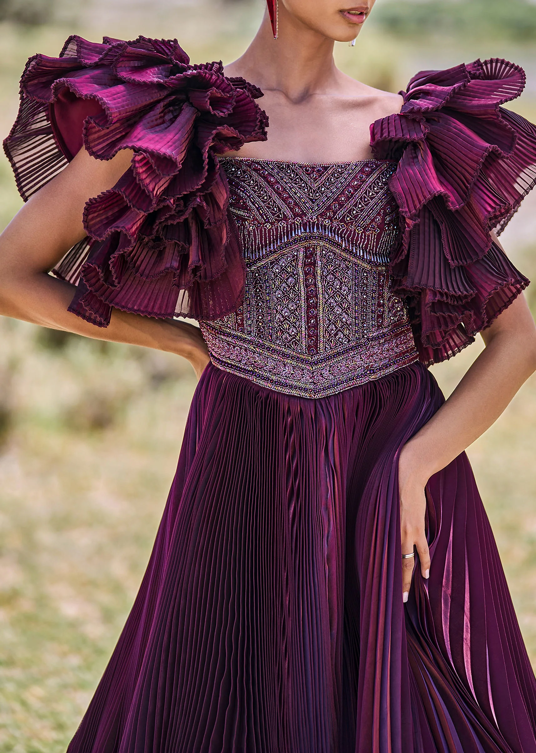 Wine Embroidered Flared Pleated Gown With Ruffle Sleeves - Image 2