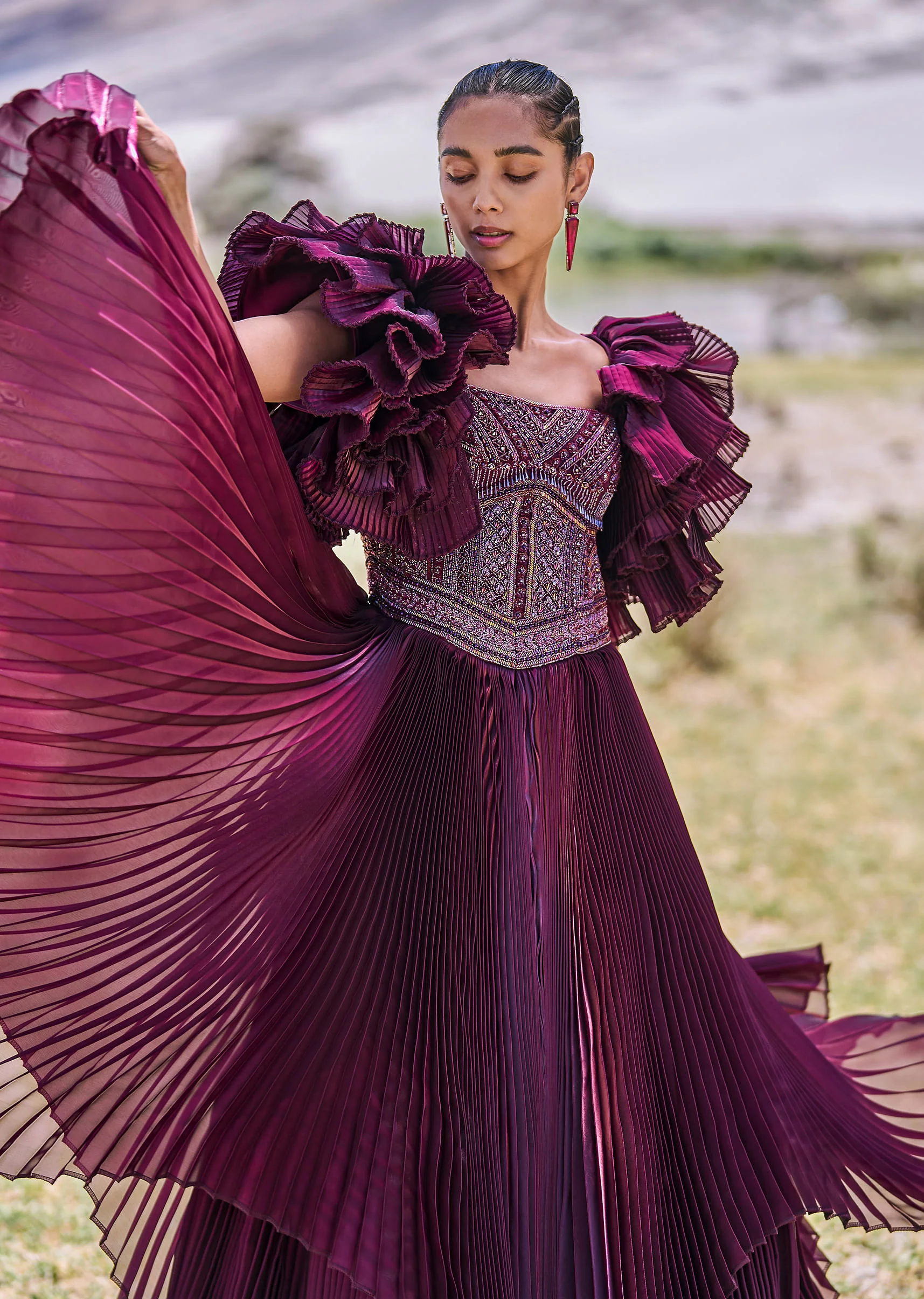 Wine Embroidered Flared Pleated Gown With Ruffle Sleeves - Image 5