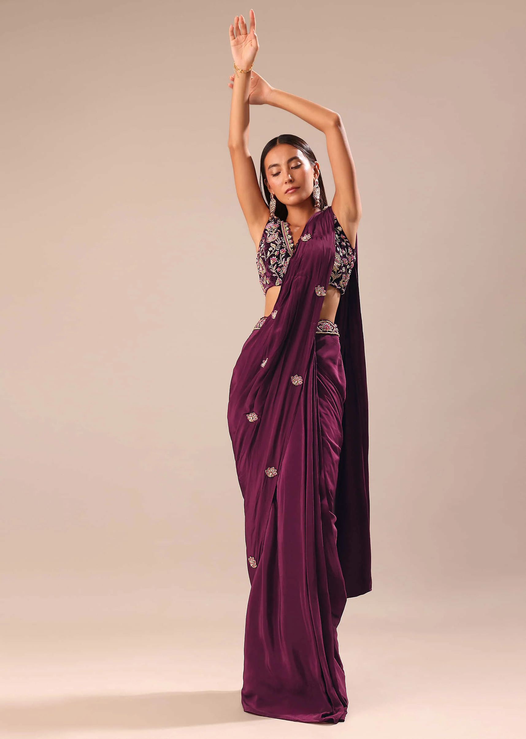 Wine Embroidered Pre Stitched Saree With Blouse - Image 3