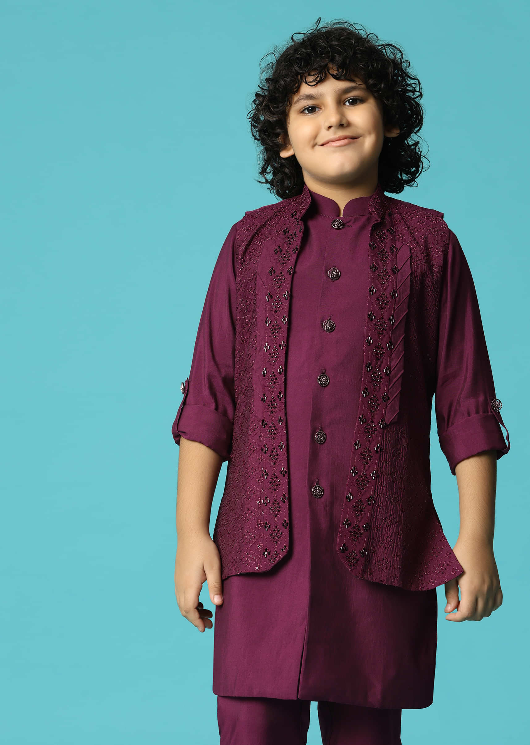 Wine Embroidered Silk Kurta Jacket Set For Boys - Image 2