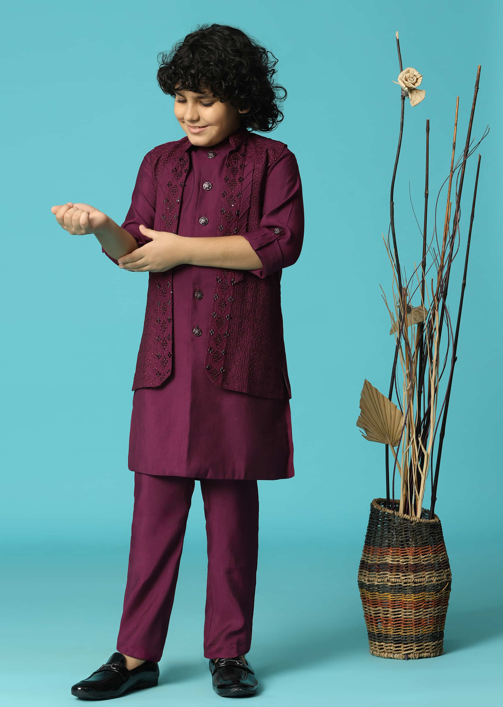 Wine Embroidered Silk Kurta Jacket Set For Boys - Image 3
