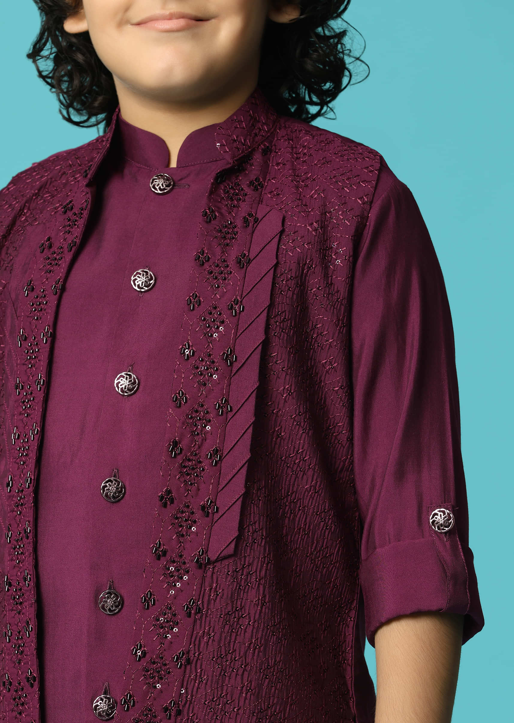 Wine Embroidered Silk Kurta Jacket Set For Boys - Image 4