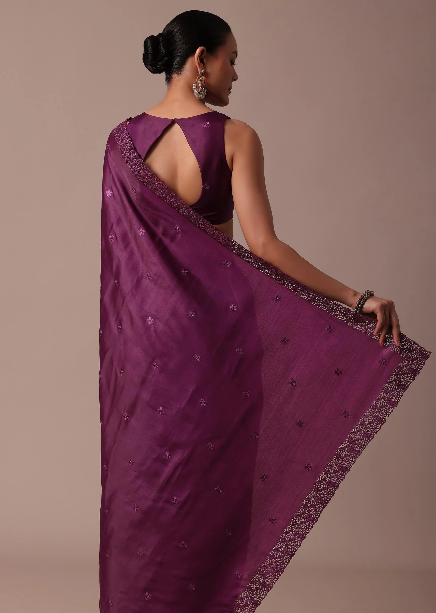 Wine Embroidered Tussar Saree With Unstitched Blouse - Image 4