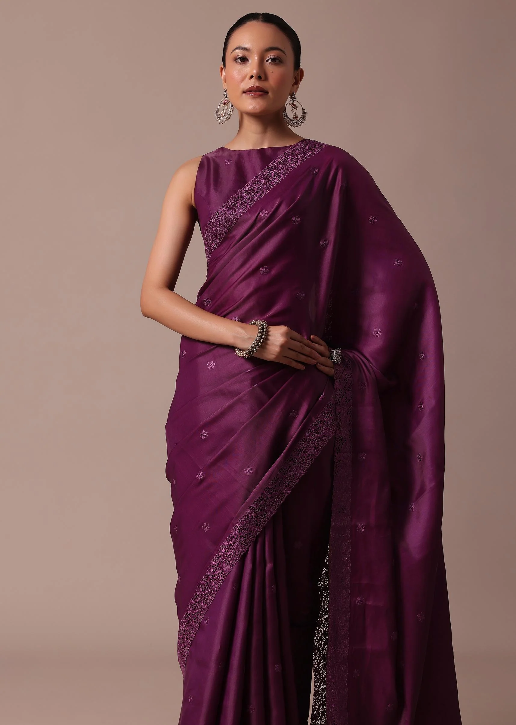 Wine Embroidered Tussar Saree With Unstitched Blouse - Image 5