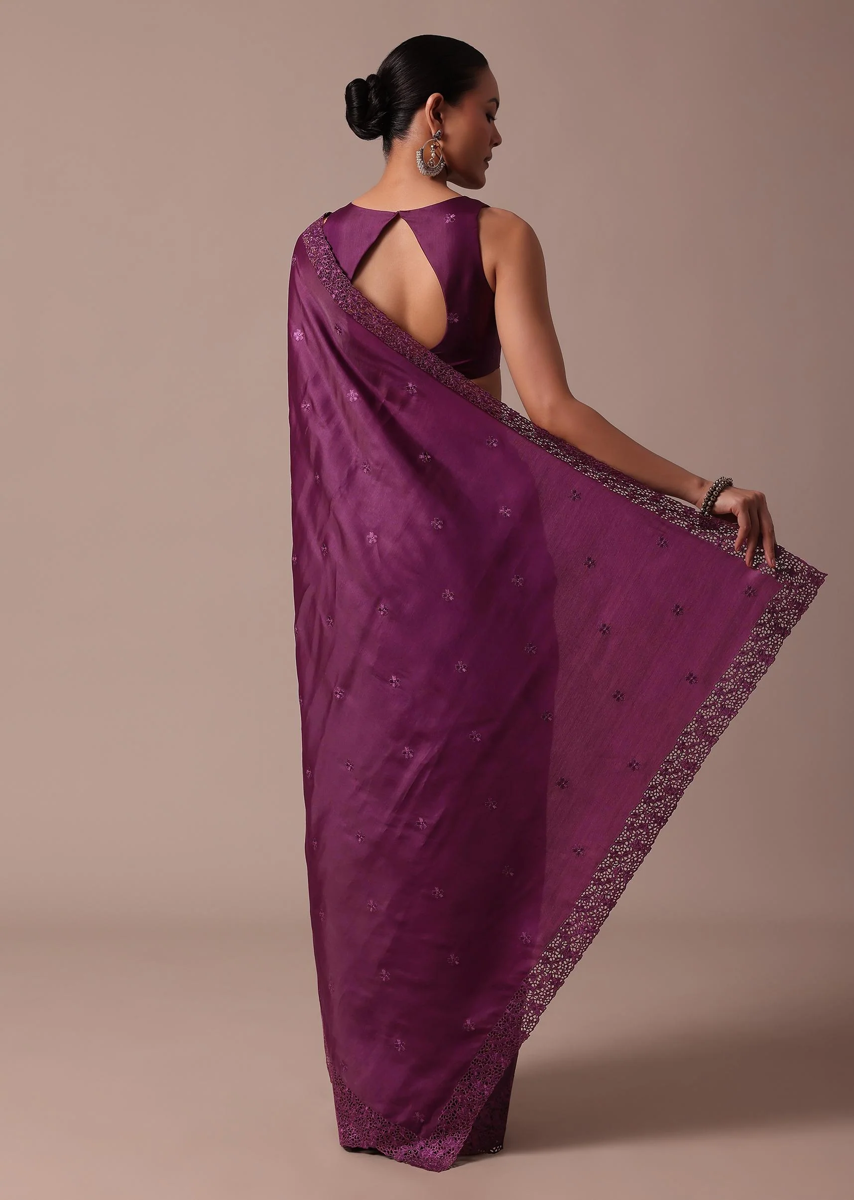 Wine Embroidered Tussar Saree With Unstitched Blouse - Image 6