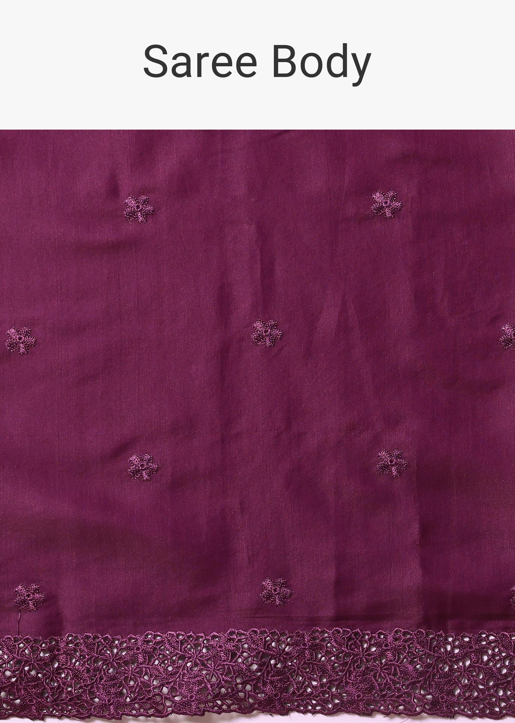 Wine Embroidered Tussar Saree With Unstitched Blouse - Image 9