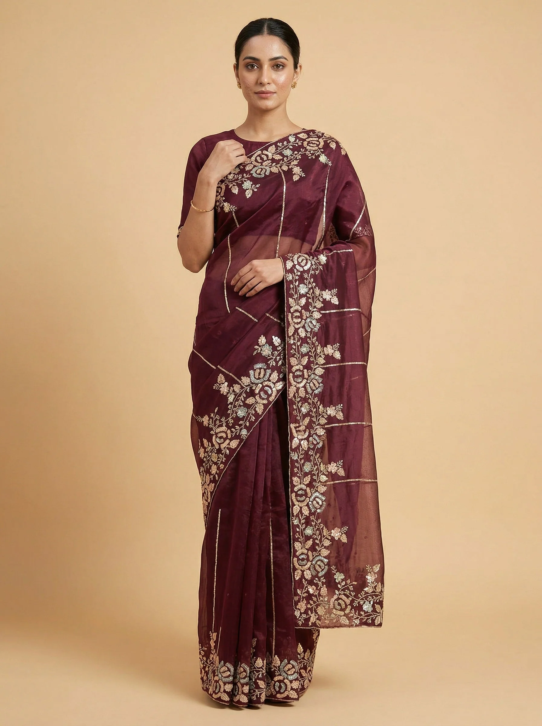 Wine Enticing Embroidered Saree