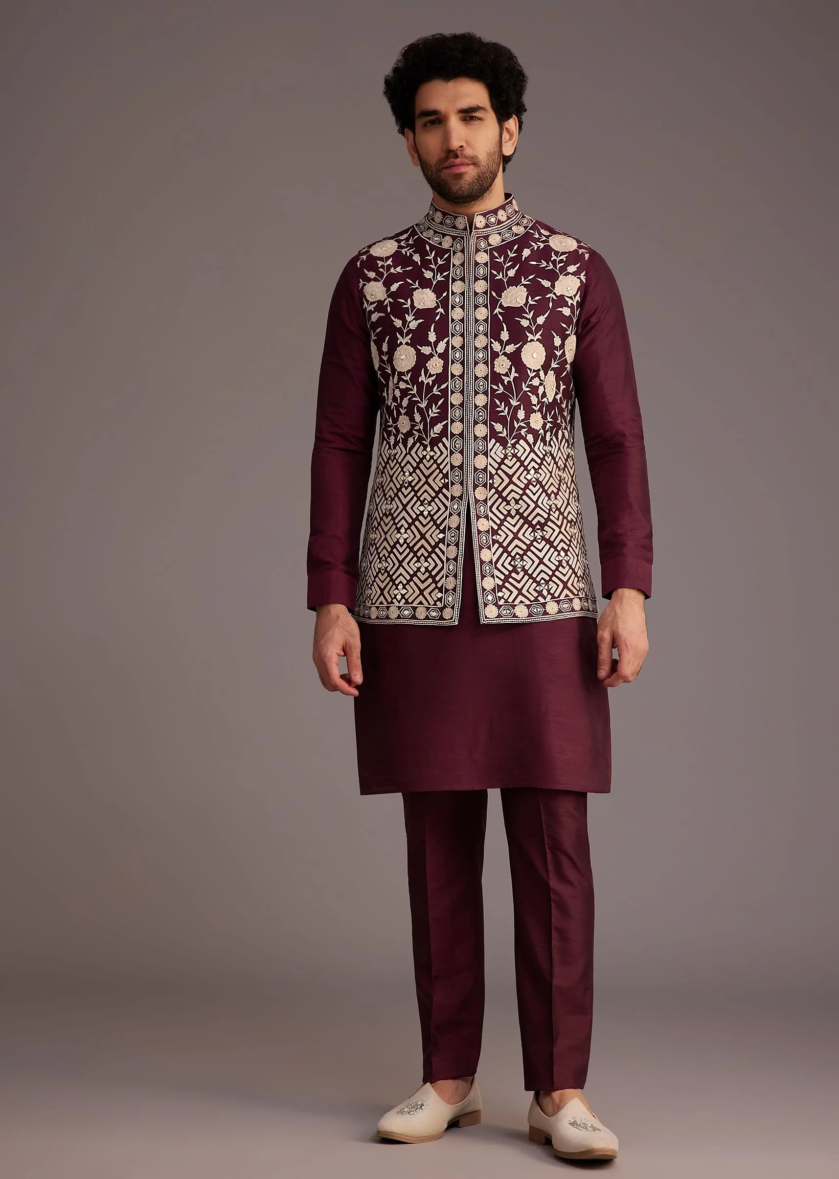 Wine Floral Embroidered Jacket Kurta Set - Image 2