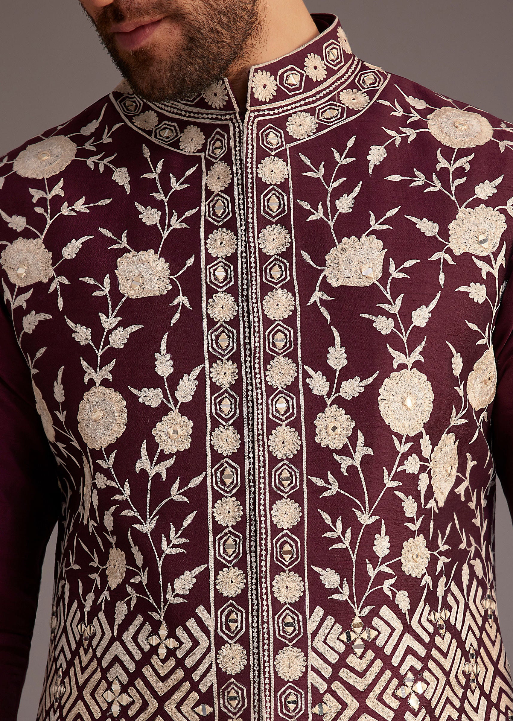 Wine Floral Embroidered Jacket Kurta Set - Image 3