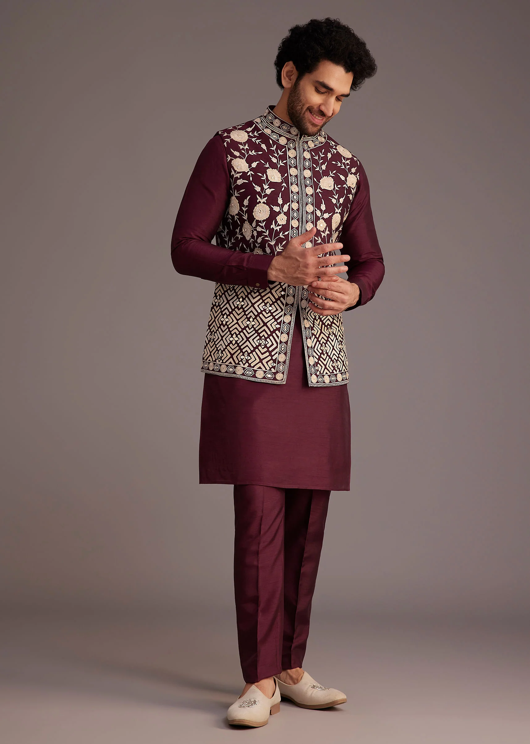 Wine Floral Embroidered Jacket Kurta Set - Image 4