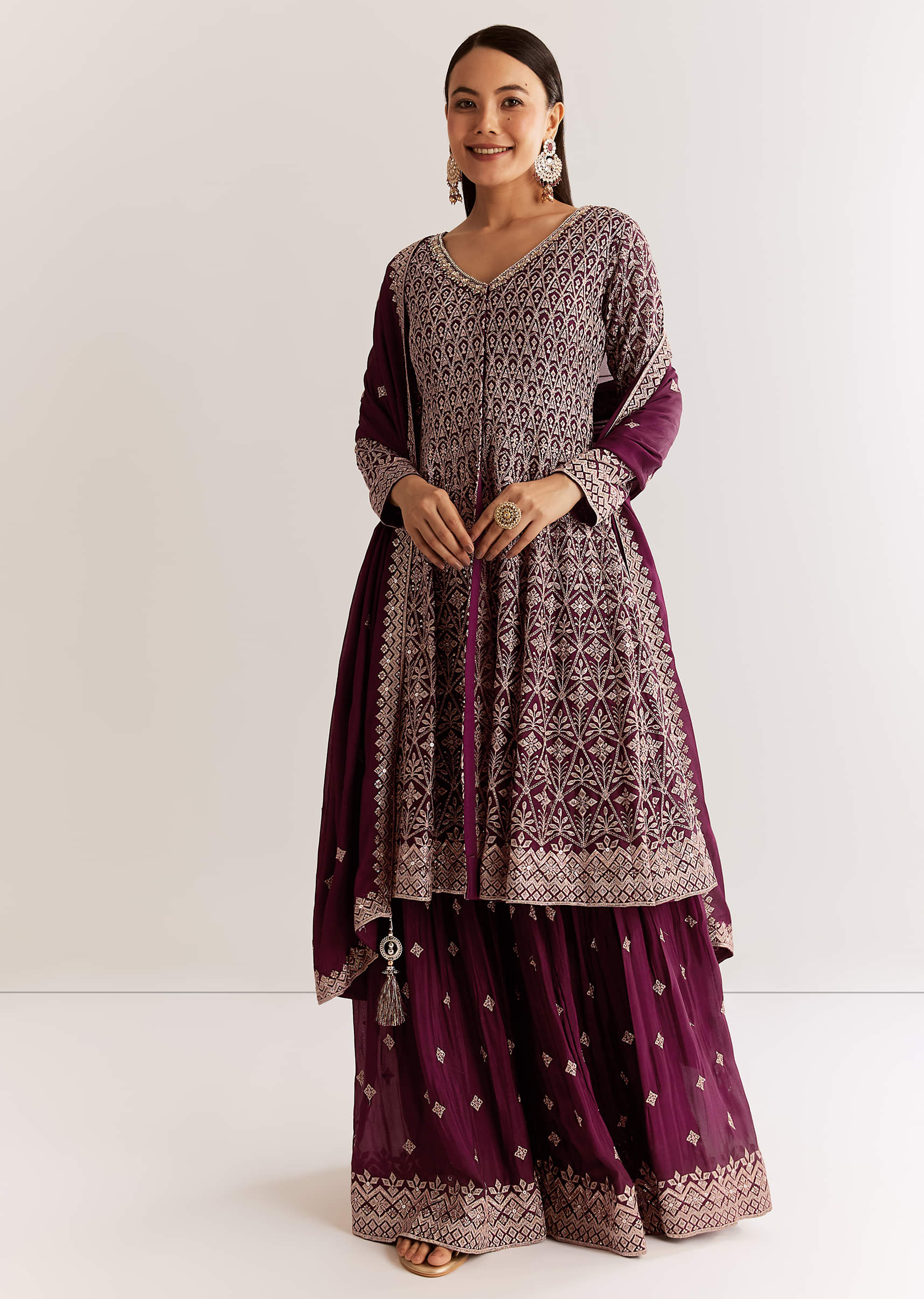 Wine Georgette Kurta Set With Zari And Resham Work - Image 3