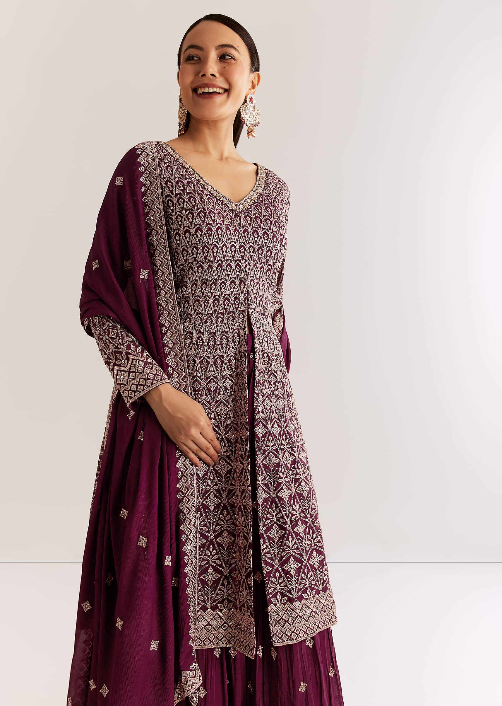 Wine Georgette Kurta Set With Zari And Resham Work - Image 4