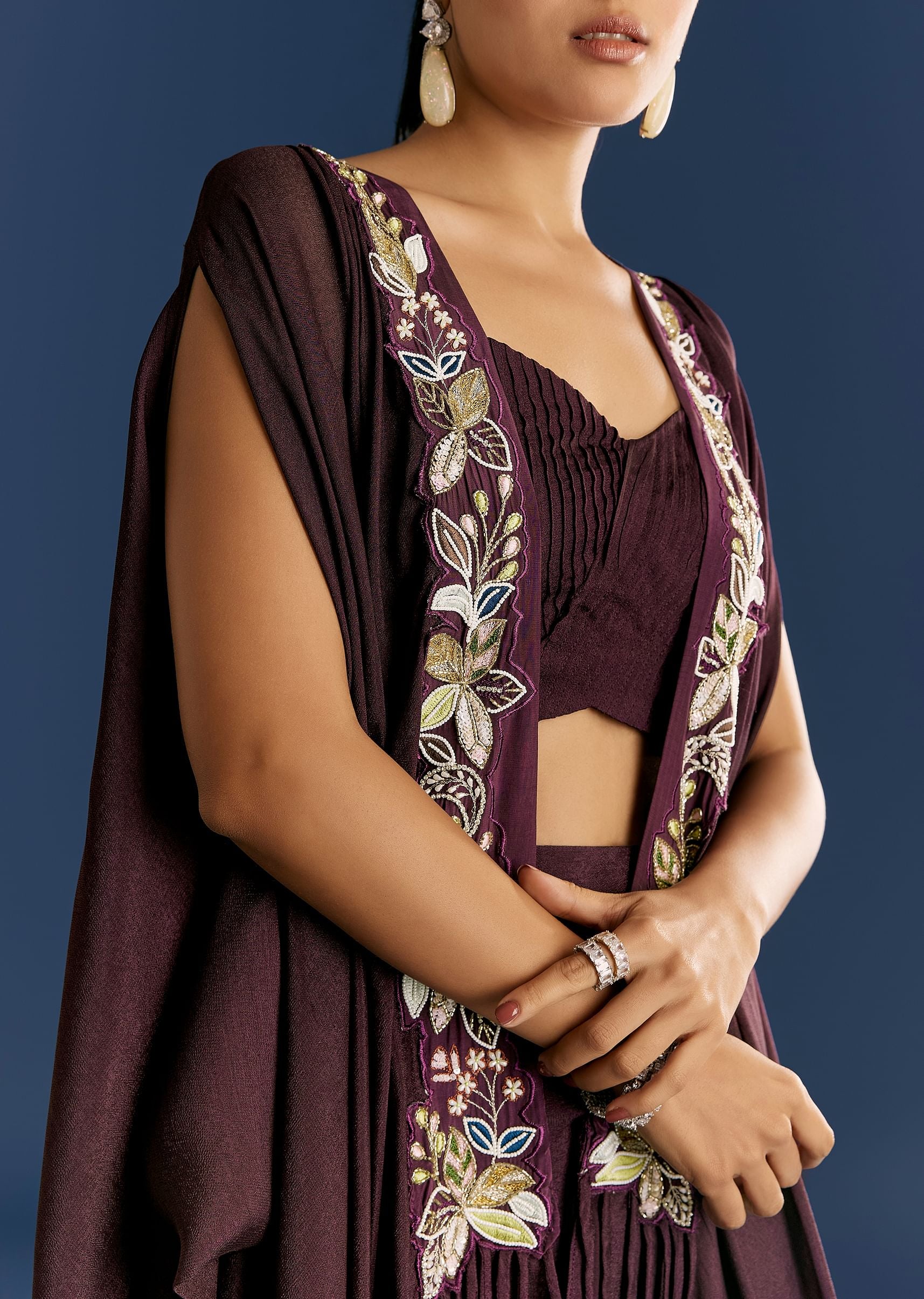Wine Georgette Pintuck Croptop And Fancy Skirt With Embroidered Cape - Image 2